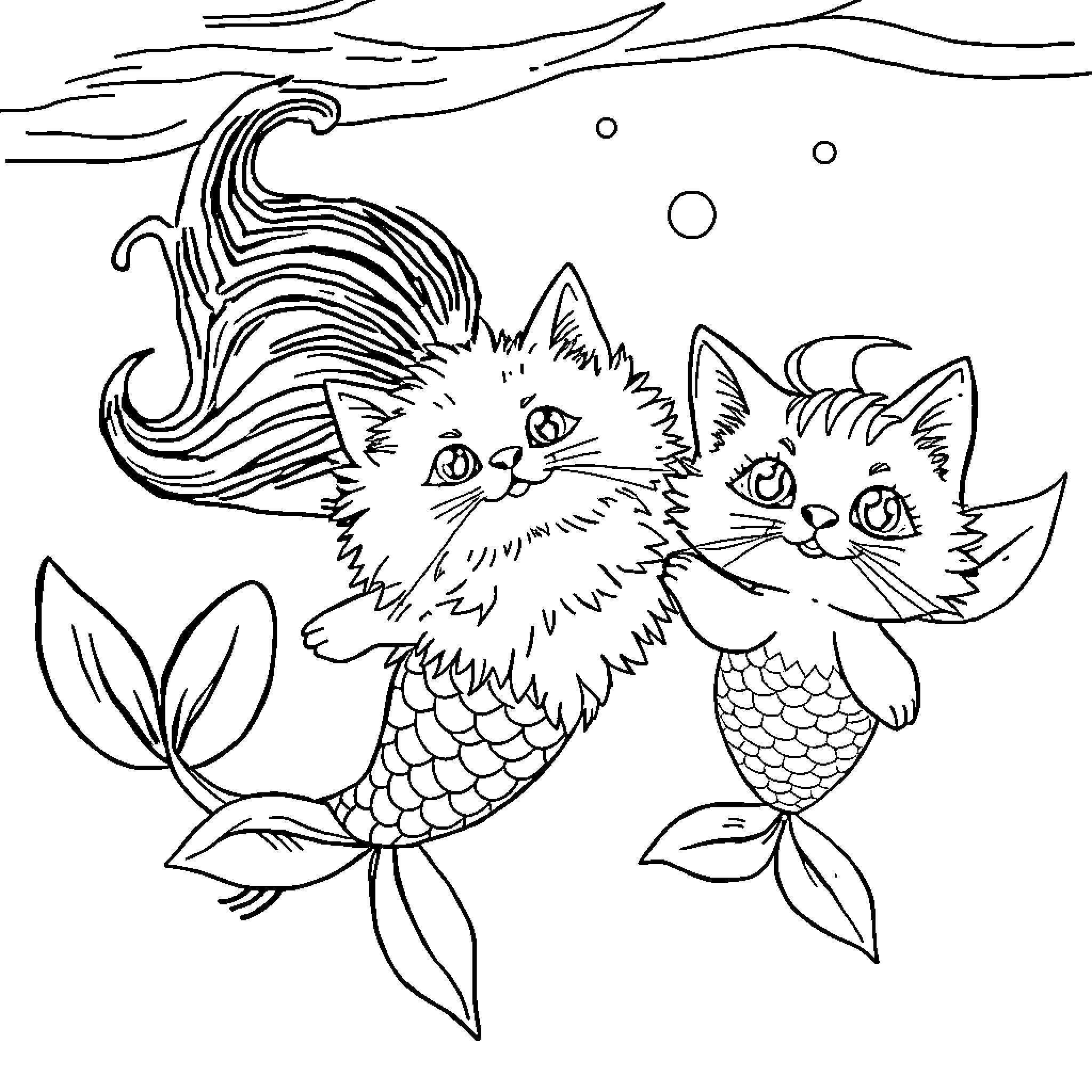 Cat mermaids swimming in the sea Coloring Page (free black-and-white line drawing printable PDF for all, from beginners to advanced learners, including children, teens, adults, and seniors)