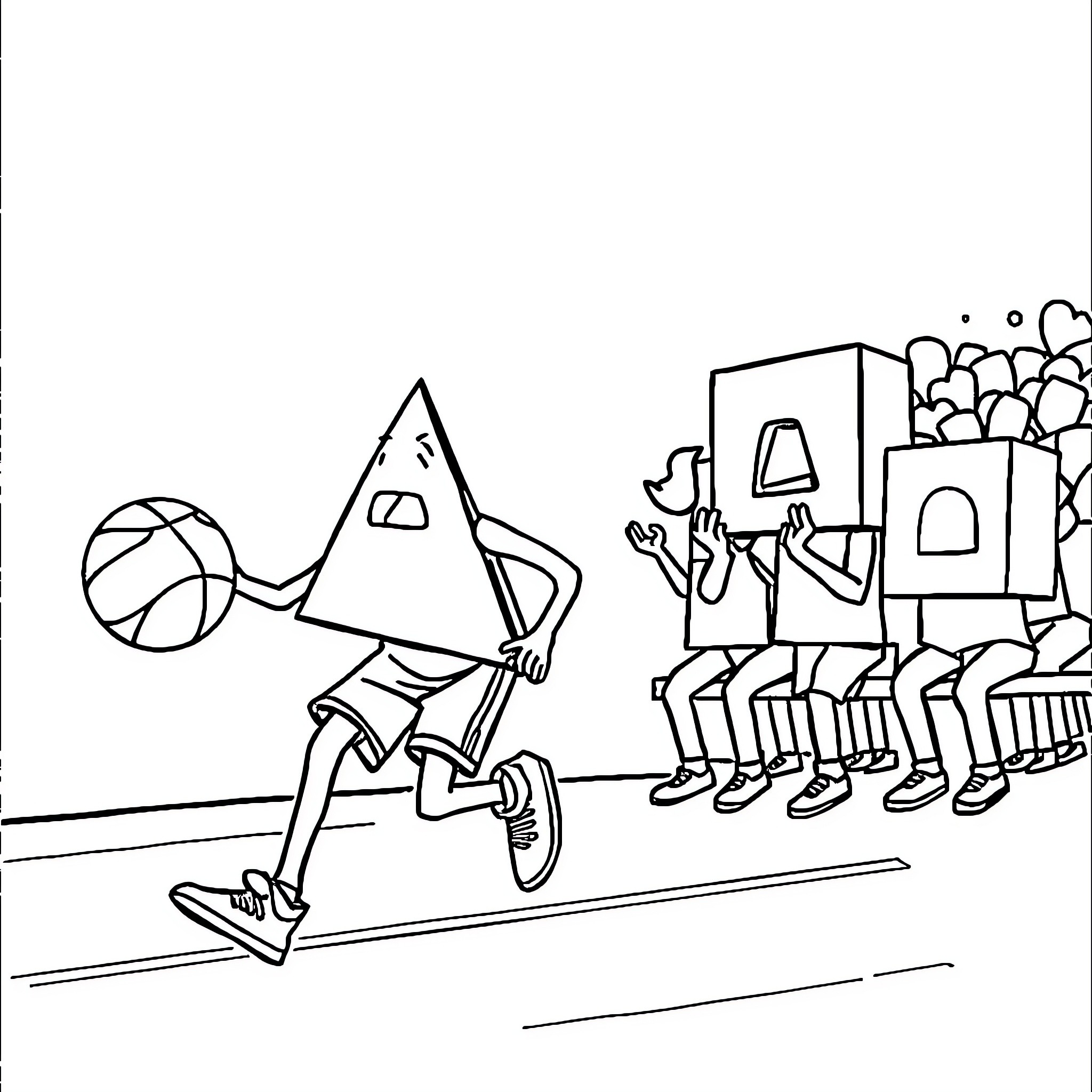 Triangle Plays Basketball with Cubes Coloring Page (free black-and-white line drawing printable PDF for all, from beginners to advanced learners, including children, teens, adults, and seniors)