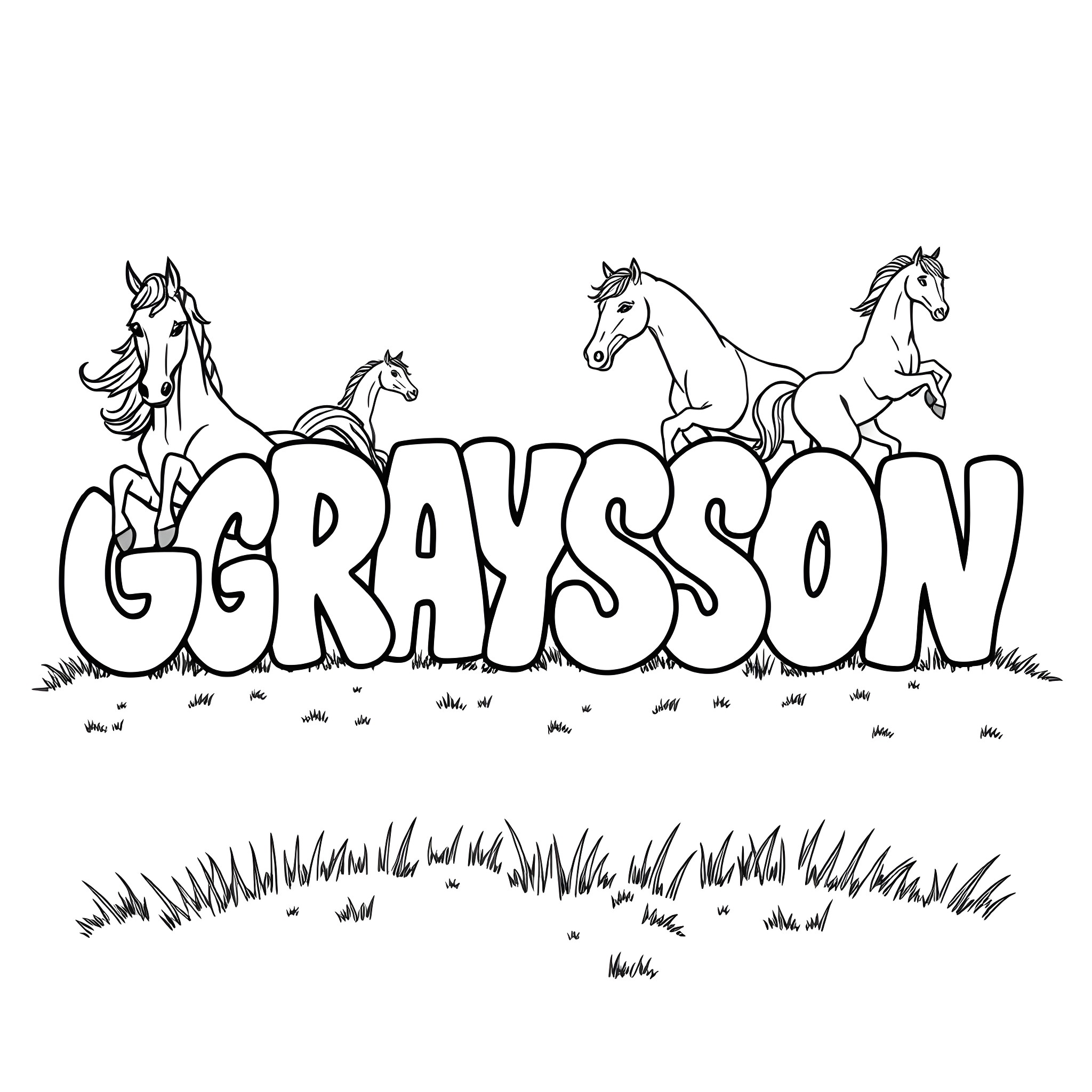 Horses galloping across the field with Graysson text Coloring Page (free black-and-white line drawing printable PDF for all, from beginners to advanced learners, including children, teens, adults, and seniors)