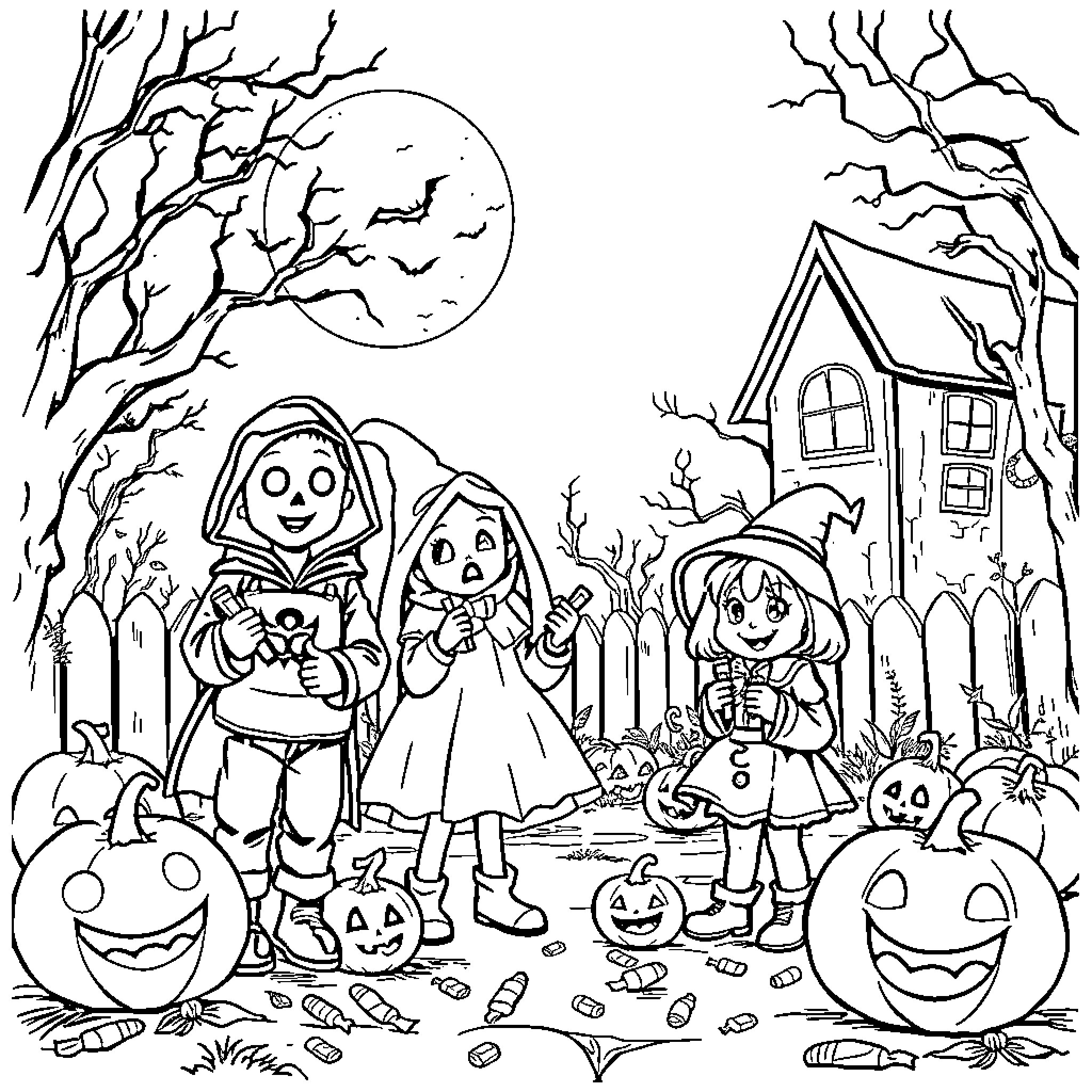 Halloween Trick-or-Treaters in a Spooky Neighborhood Coloring Page (free black-and-white line drawing printable PDF for all, from beginners to advanced learners, including children, teens, adults, and seniors)