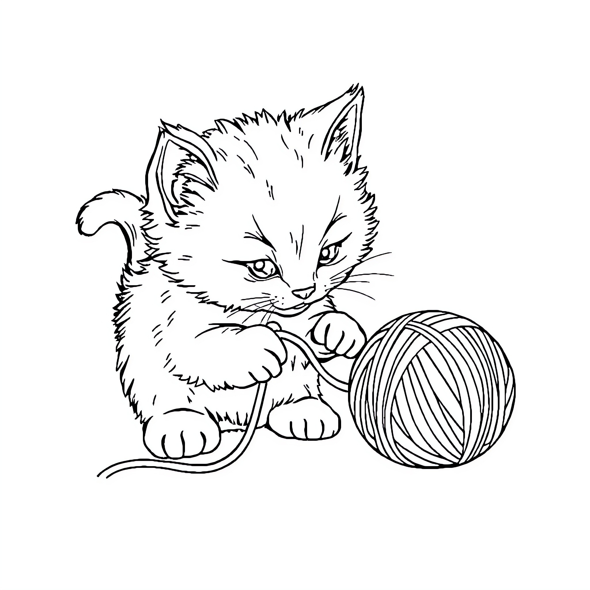 Kitten playing with a ball of yarn Coloring Page (free black-and-white line drawing printable PDF for all, from beginners to advanced learners, including children, teens, adults, and seniors)