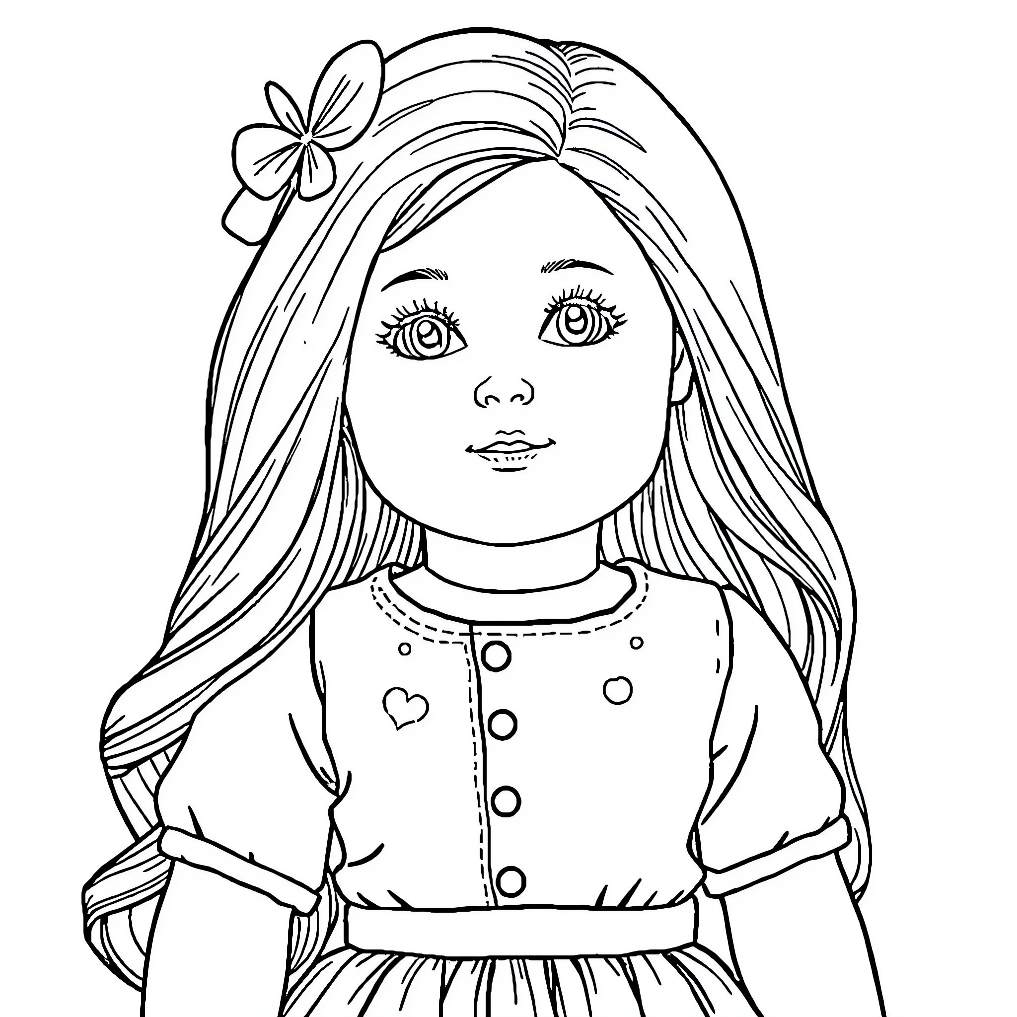 American Girl Doll with Stylized Appearance Coloring Page (free black-and-white line drawing printable PDF for all, from beginners to advanced learners, including children, teens, adults, and seniors)