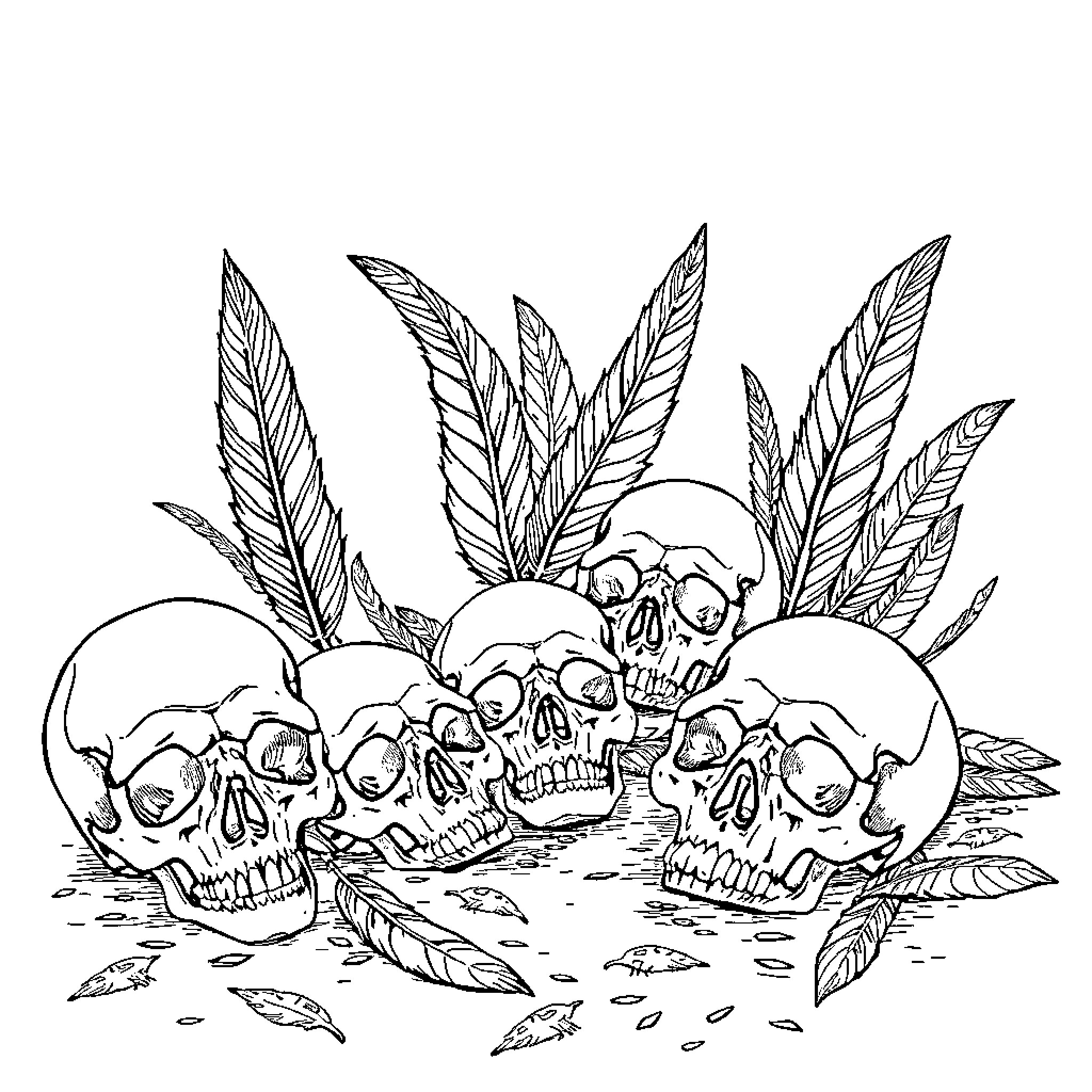 Skull formation amidst fallen leaves and feathers Coloring Page (free black-and-white line drawing printable PDF for all, from beginners to advanced learners, including children, teens, adults, and seniors)