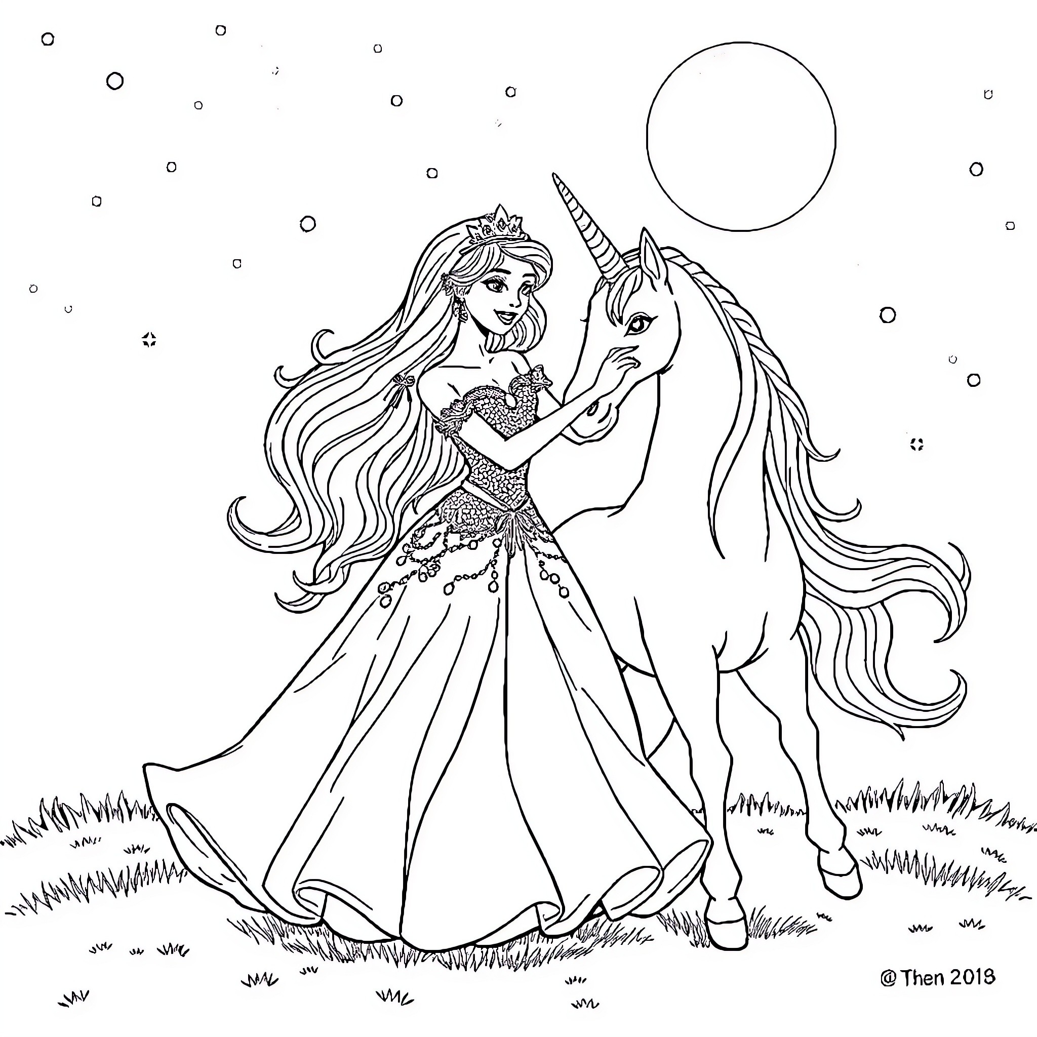 Princess dancing with a magical unicorn under the moon Coloring Page (free black-and-white line drawing printable PDF for all, from beginners to advanced learners, including children, teens, adults, and seniors)