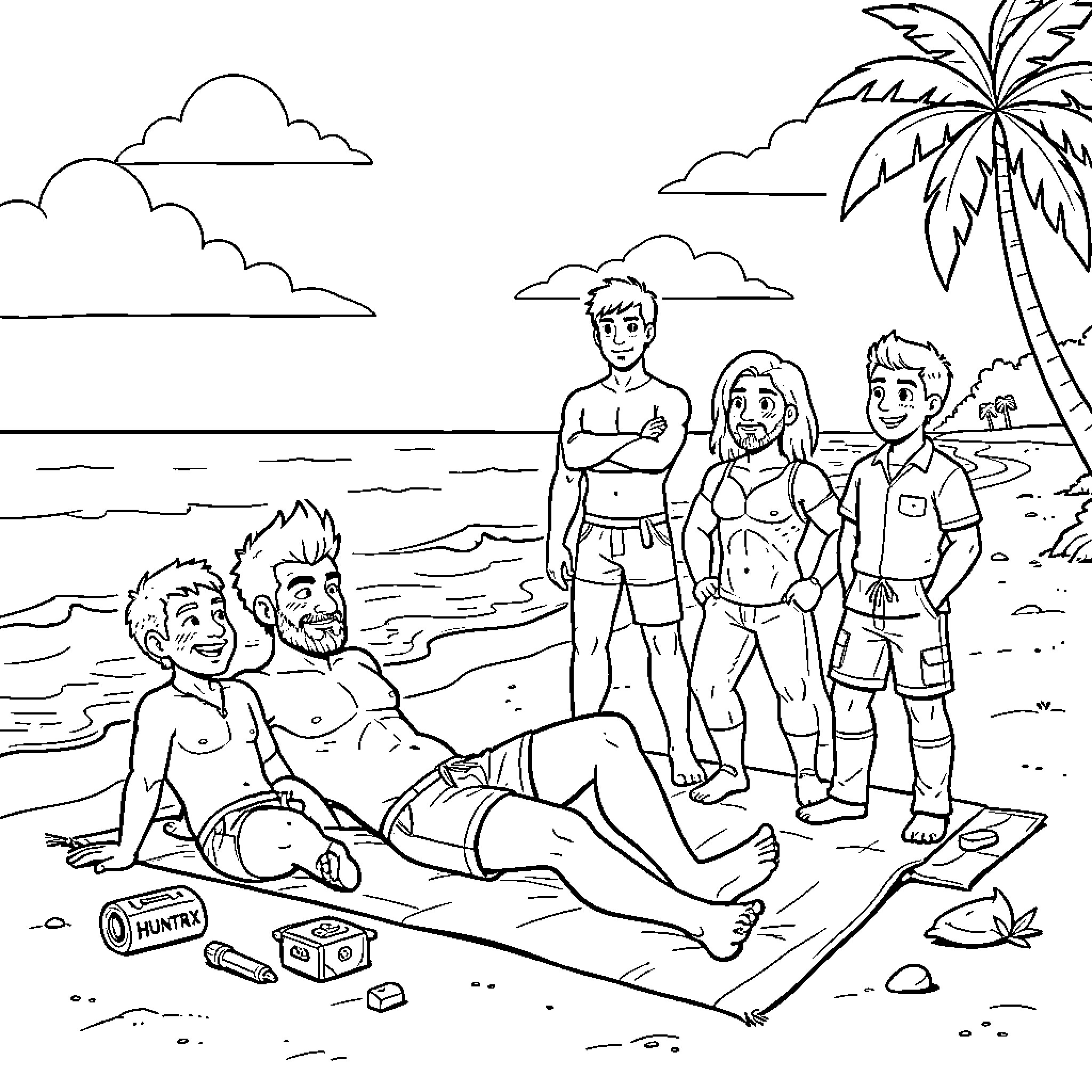 Huntrix friends relaxing and standing on the beach Coloring Page (free black-and-white line drawing printable PDF for all, from beginners to advanced learners, including children, teens, adults, and seniors)