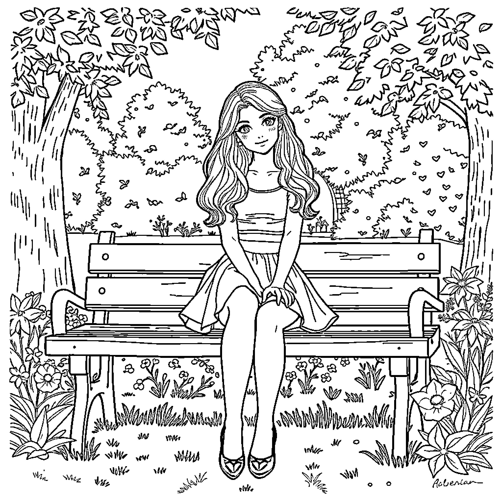 Girl enjoying peaceful moment in nature Coloring Page (free black-and-white line drawing printable PDF for all, from beginners to advanced learners, including children, teens, adults, and seniors)
