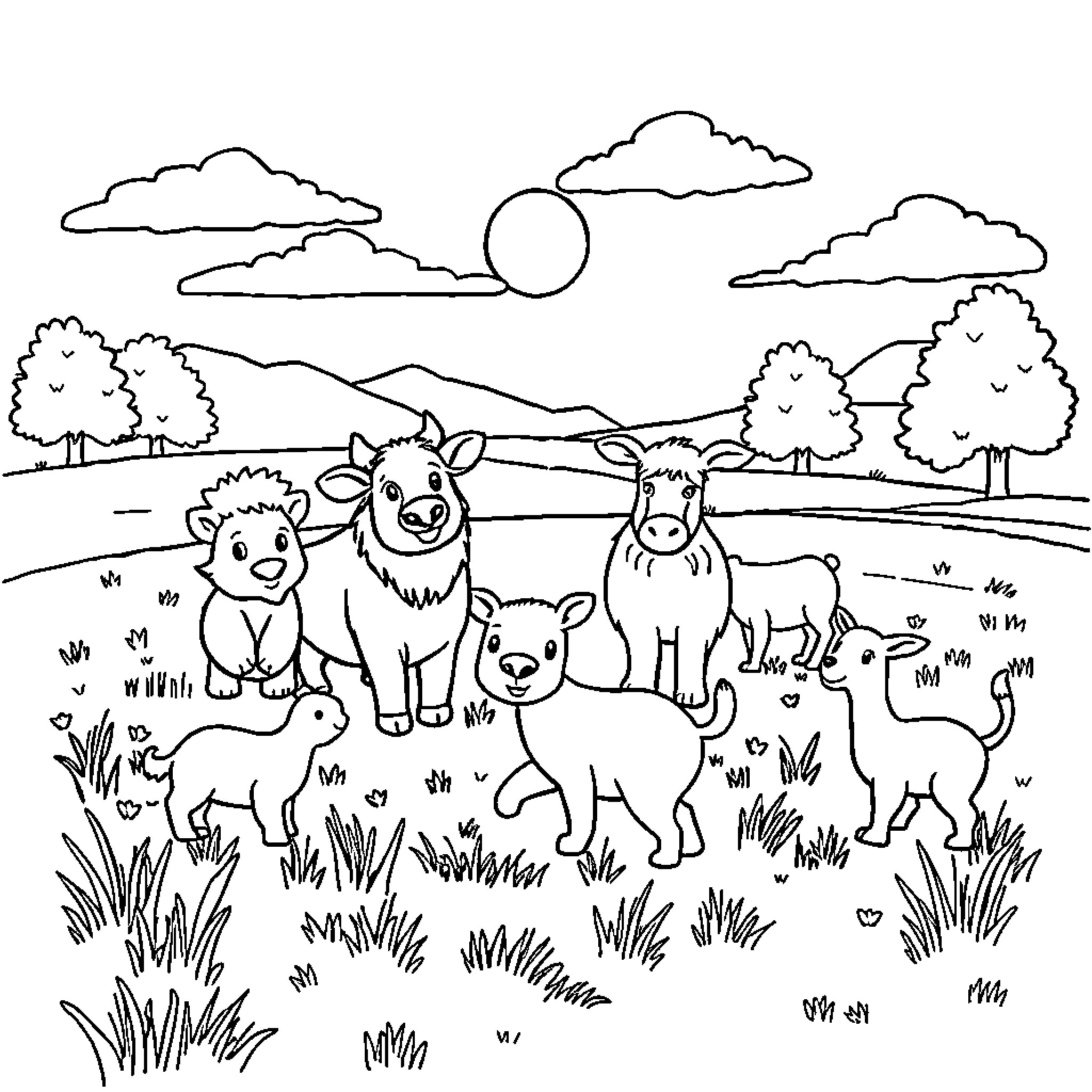 Animals playing in a peaceful natural scene Coloring Page (free black-and-white line drawing printable PDF for all, from beginners to advanced learners, including children, teens, adults, and seniors)