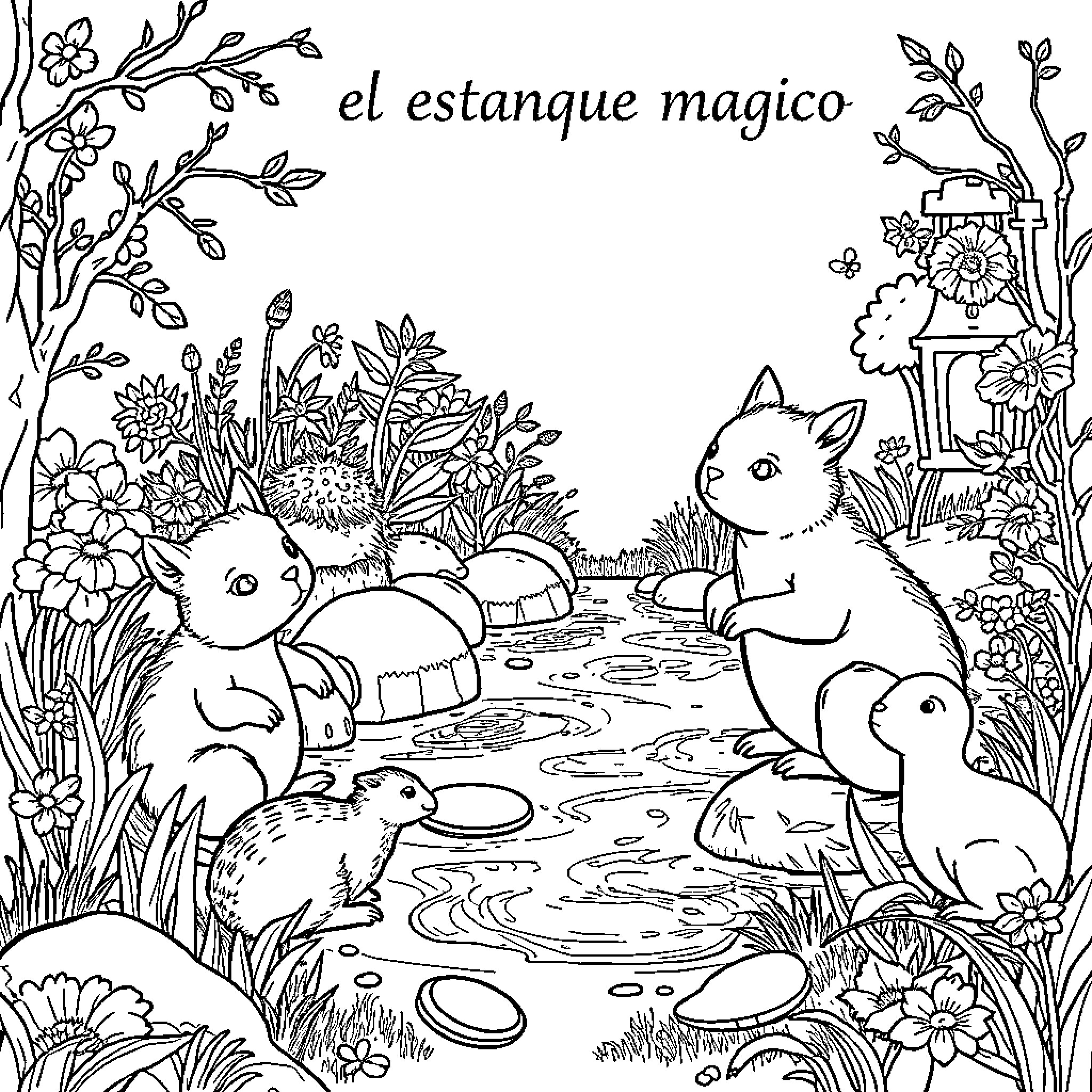 Estanque mágico con animales jugueteando Coloring Page (free black-and-white line drawing printable PDF for all, from beginners to advanced learners, including children, teens, adults, and seniors)