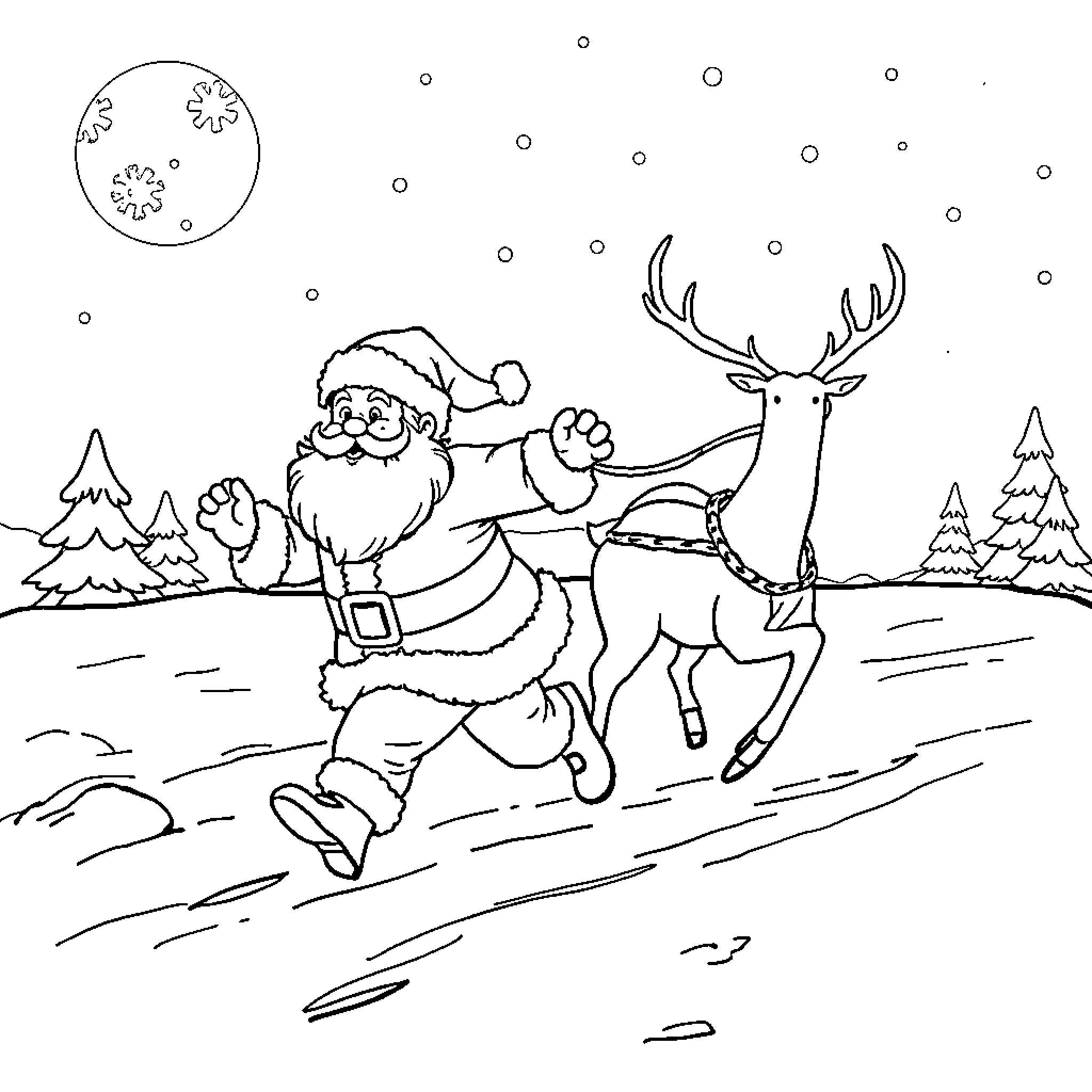Santa riding a deer in a winter wonderland Coloring Page (free black-and-white line drawing printable PDF for all, from beginners to advanced learners, including children, teens, adults, and seniors)