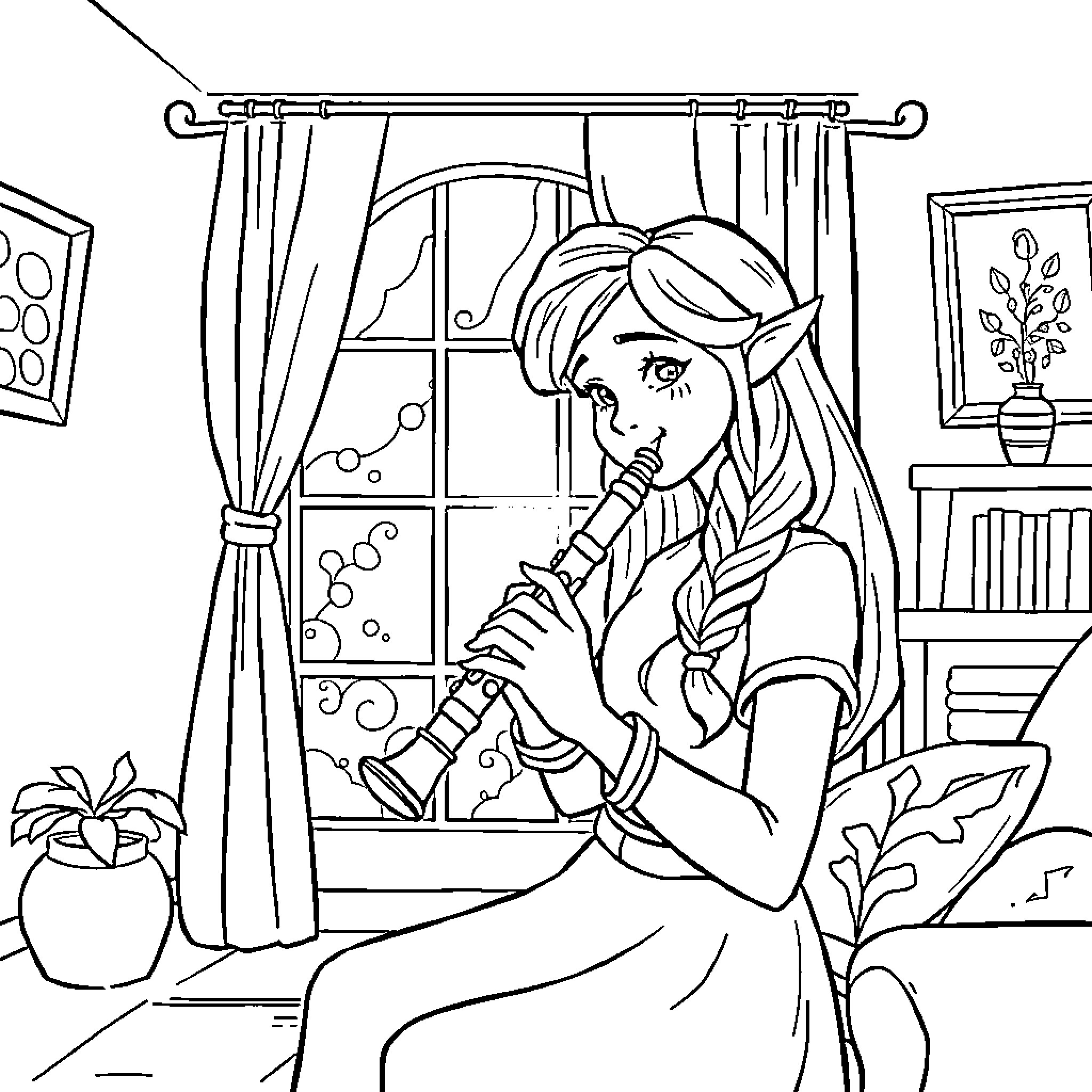 Zelda playing a musical instrument by the window Coloring Page (free black-and-white line drawing printable PDF for all, from beginners to advanced learners, including children, teens, adults, and seniors)
