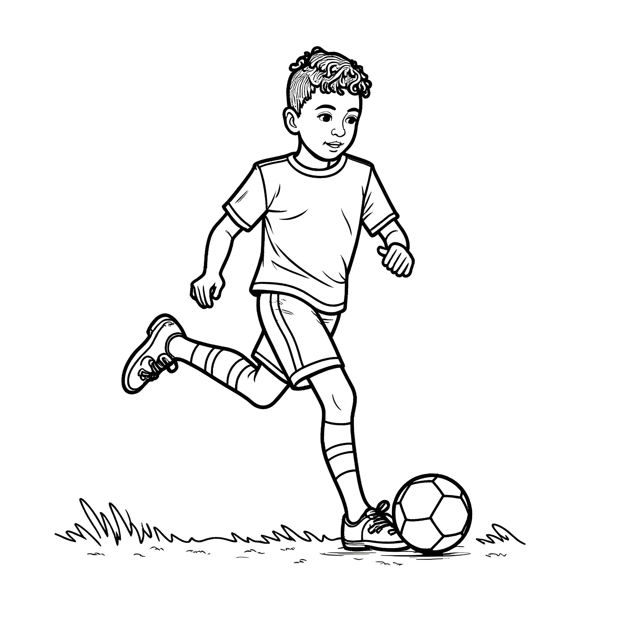 Kid playing soccer on grassy field Coloring Page (free black-and-white line drawing printable PDF for all, from beginners to advanced learners, including children, teens, adults, and seniors)