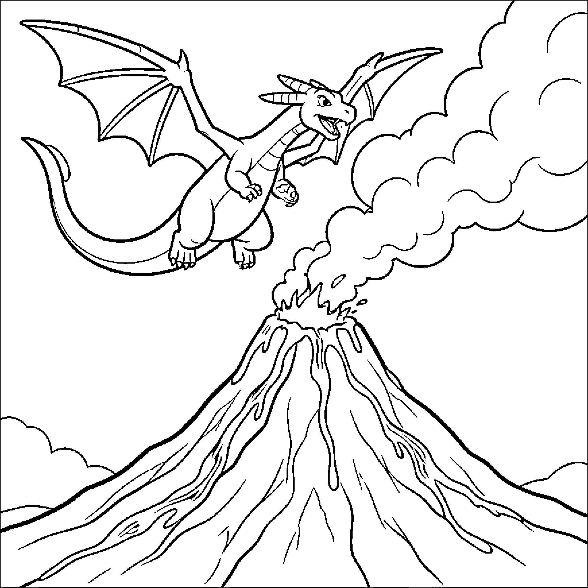 Charizard soaring above erupting volcano Coloring Page (free black-and-white line drawing printable PDF for all, from beginners to advanced learners, including children, teens, adults, and seniors)