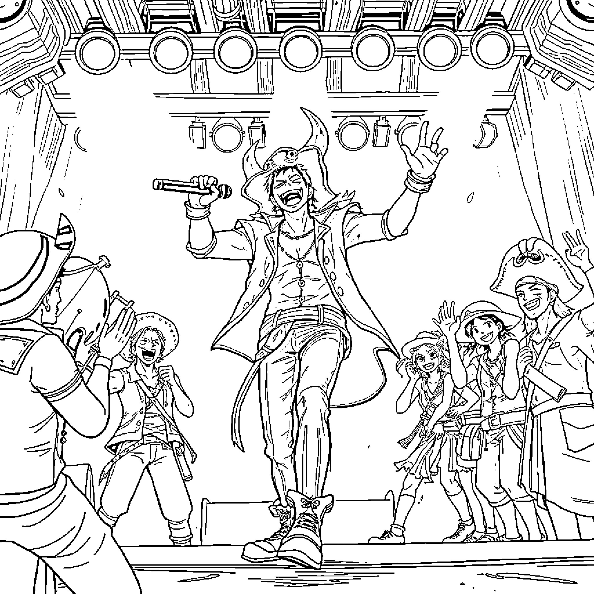 Huntrix Performers Entertaining the Crowd Coloring Page (free black-and-white line drawing printable PDF for all, from beginners to advanced learners, including children, teens, adults, and seniors)