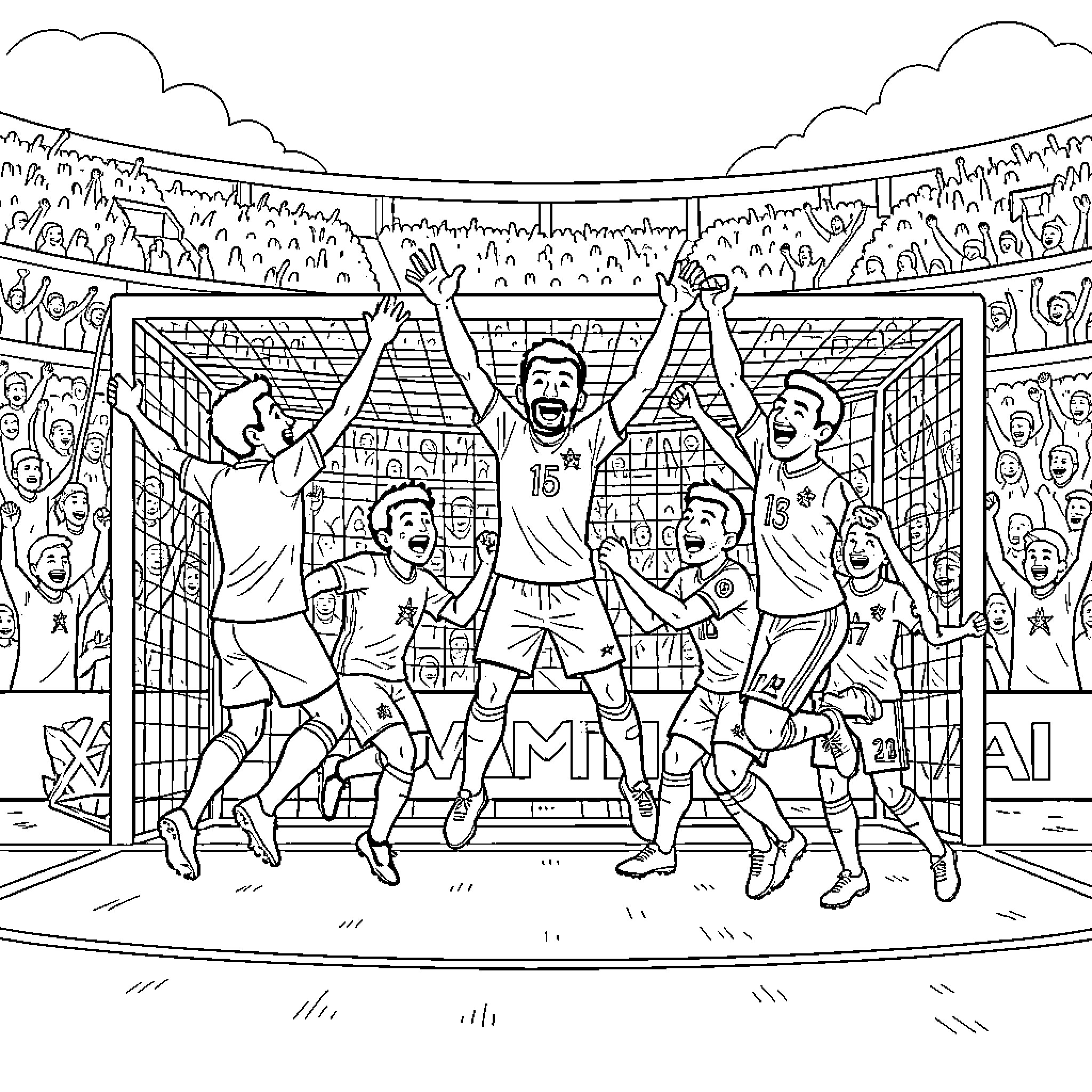Soccer players celebrating a goal in front of fans Coloring Page (free black-and-white line drawing printable PDF for all, from beginners to advanced learners, including children, teens, adults, and seniors)
