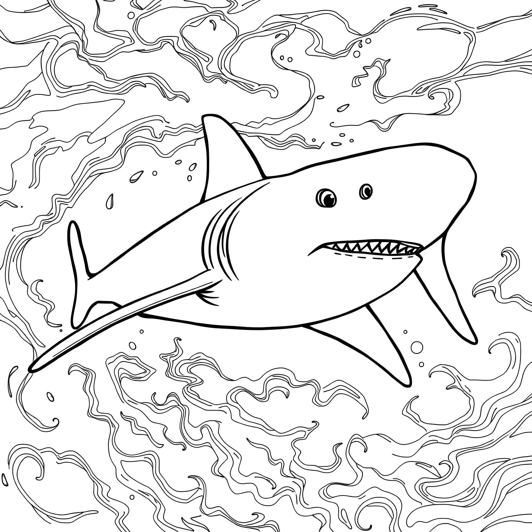 Shark swimming playfully in the ocean Coloring Page (free black-and-white line drawing printable PDF for all, from beginners to advanced learners, including children, teens, adults, and seniors)