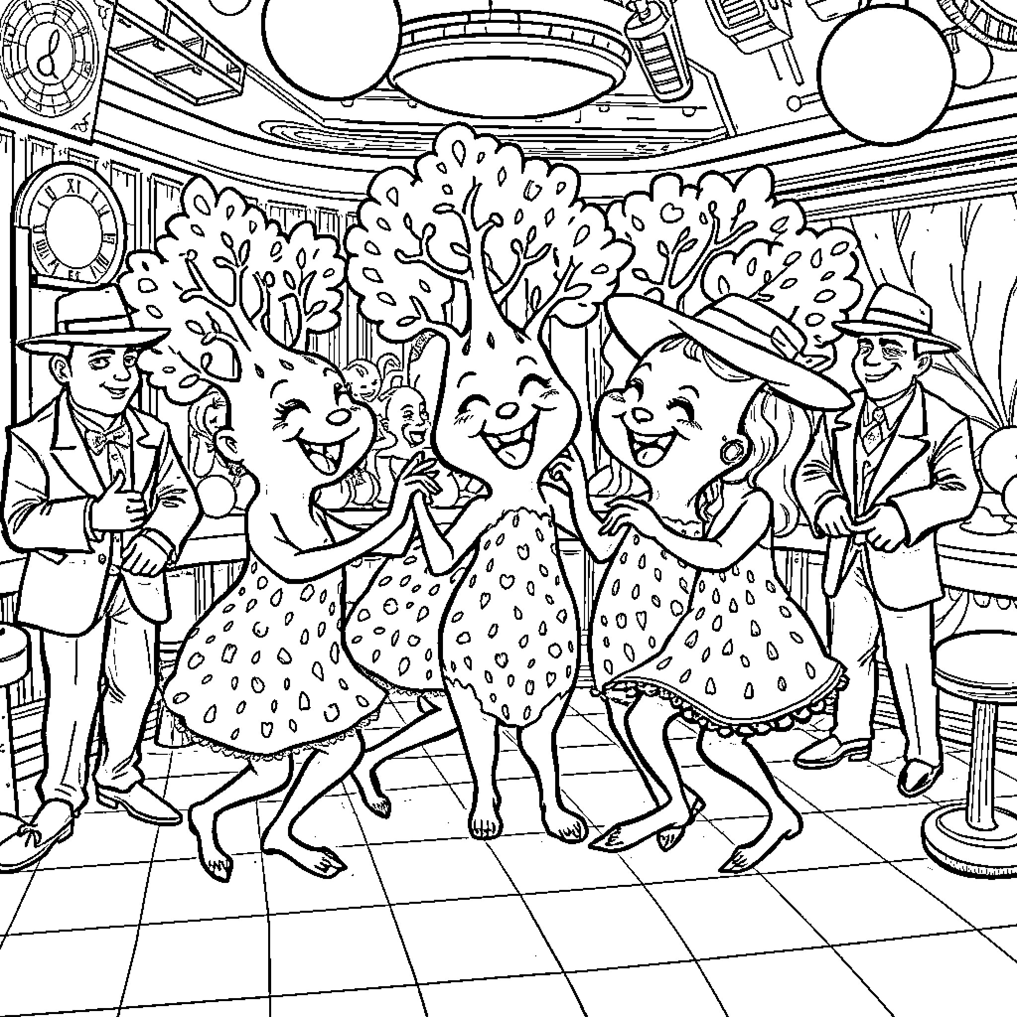 Tree Dancers in an Animated Celebration Coloring Page (free black-and-white line drawing printable PDF for all, from beginners to advanced learners, including children, teens, adults, and seniors)
