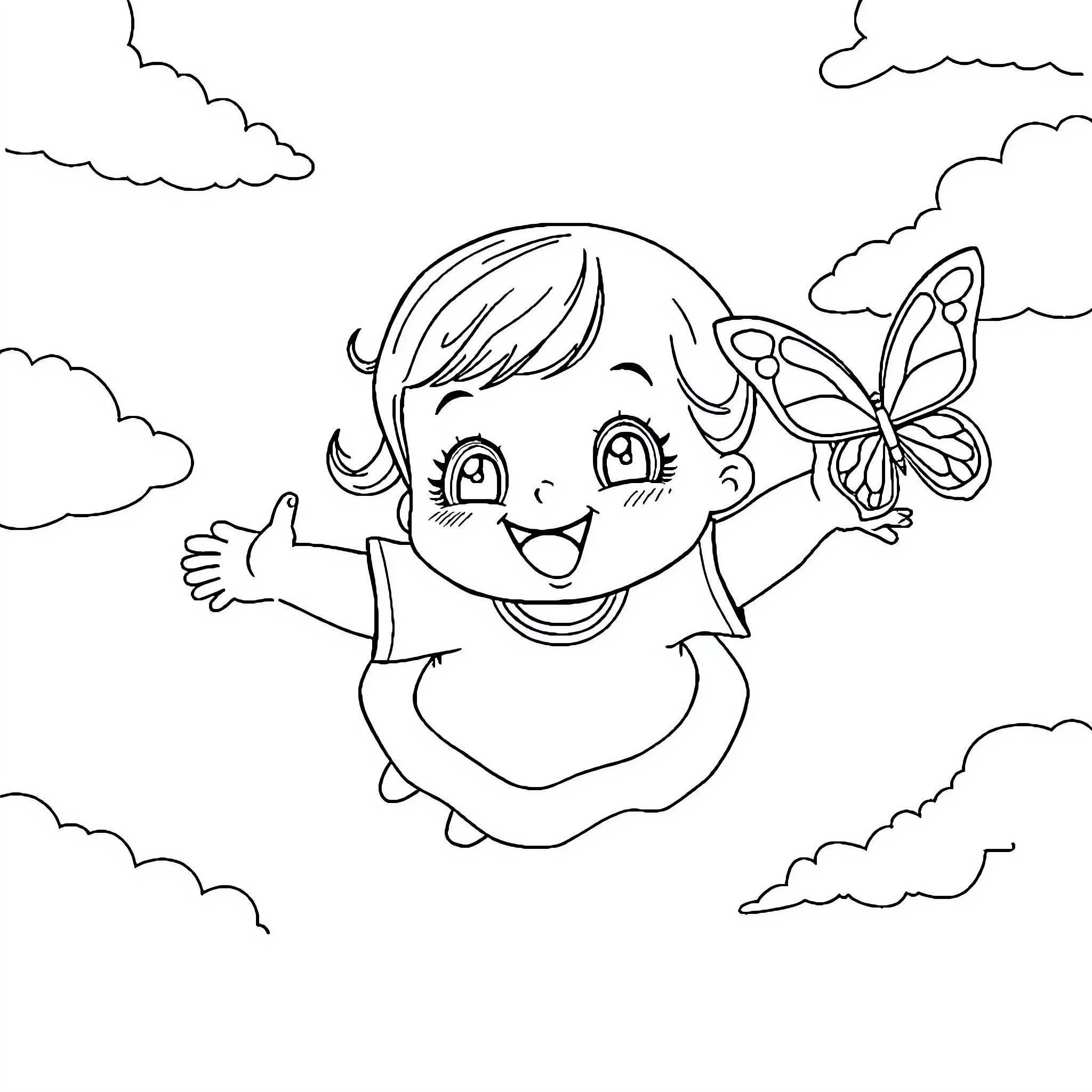 Baby Girl Playing with Butterfly in the Clouds Coloring Page (free black-and-white line drawing printable PDF for all, from beginners to advanced learners, including children, teens, adults, and seniors)