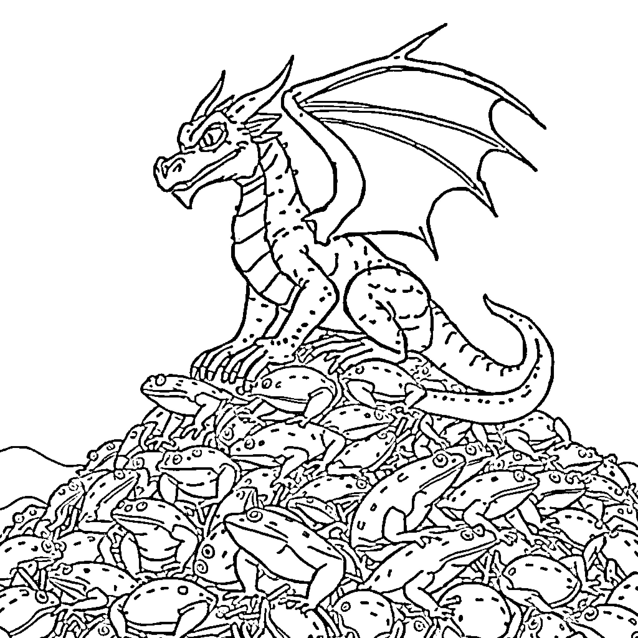 Dragon surveying its treasure hoard Coloring Page (free black-and-white line drawing printable PDF for all, from beginners to advanced learners, including children, teens, adults, and seniors)