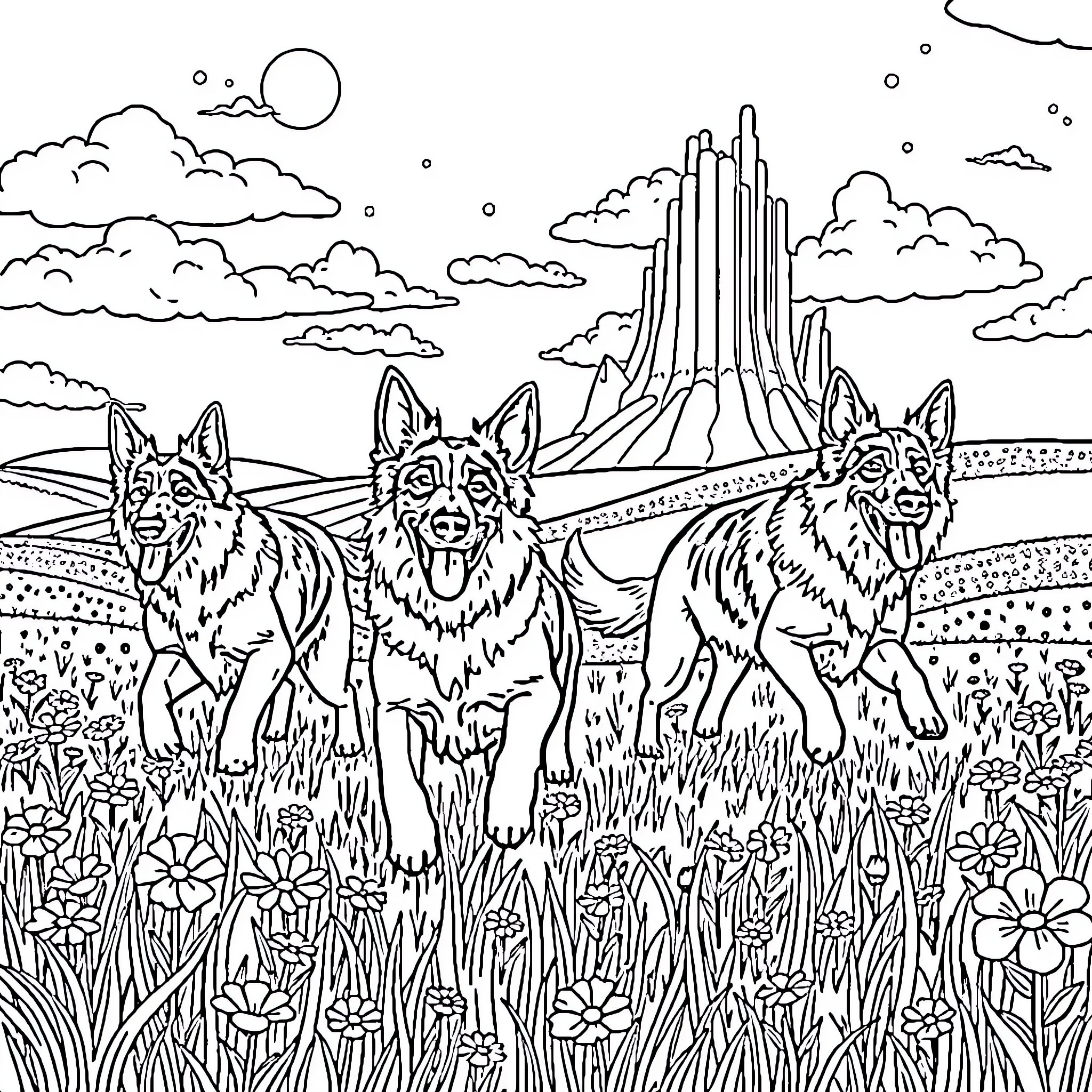 German Shepherd Dogs Roaming Scenic Landscape Coloring Page (free black-and-white line drawing printable PDF for all, from beginners to advanced learners, including children, teens, adults, and seniors)
