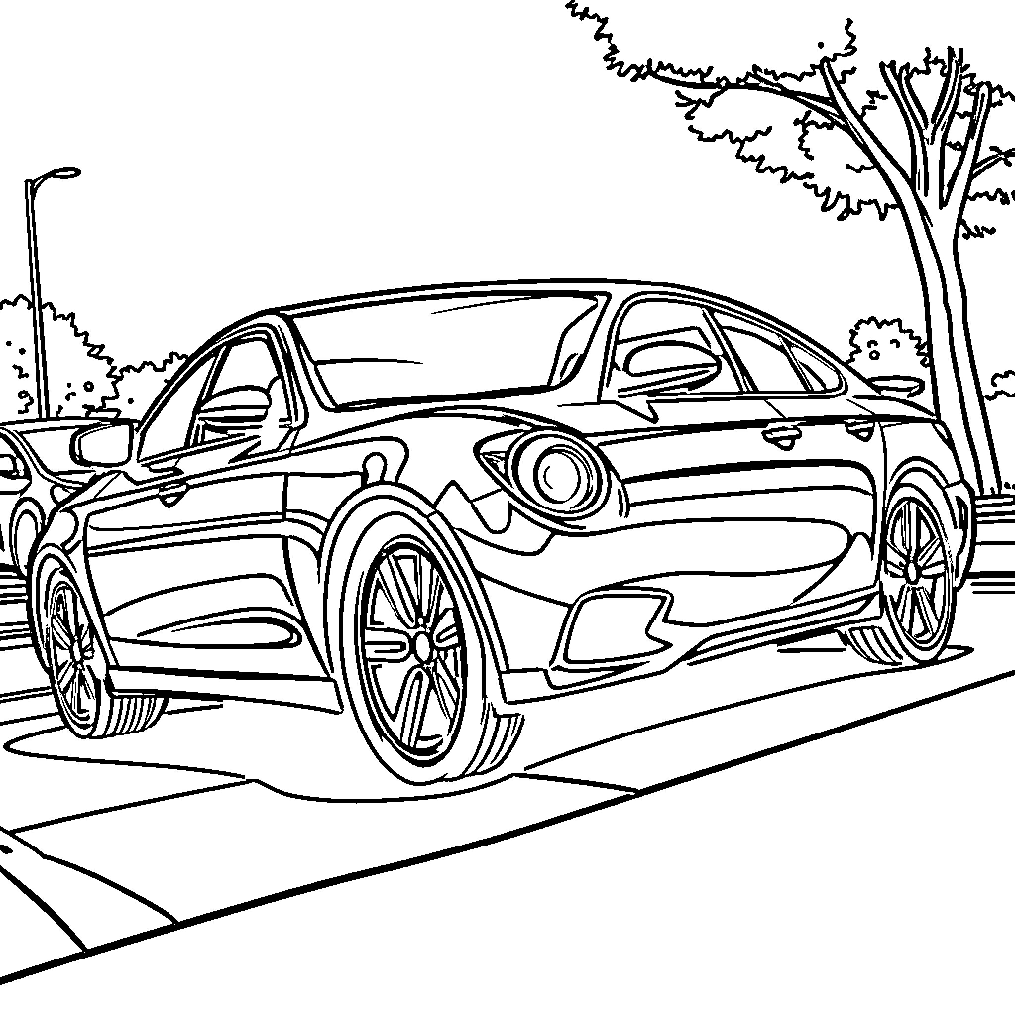 Car speeding through the city street Coloring Page (free black-and-white line drawing printable PDF for all, from beginners to advanced learners, including children, teens, adults, and seniors)