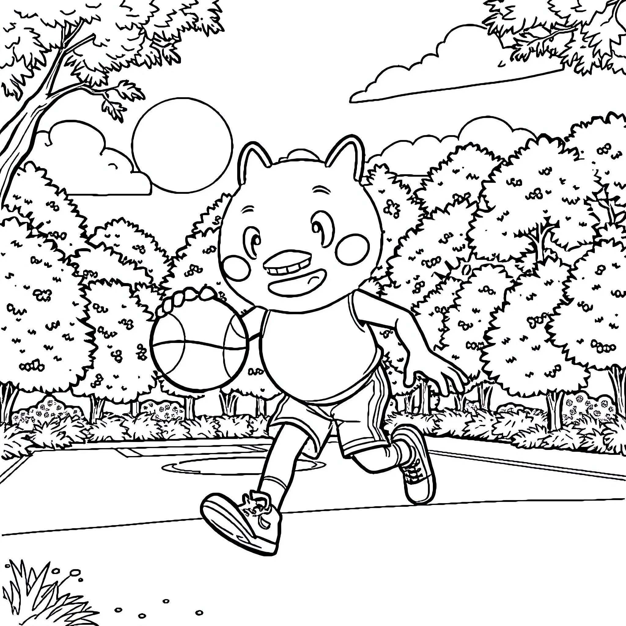 Garten of Ban Ban: Cartoon Character Running and Playing in Nature Coloring Page (free black-and-white line drawing printable PDF for all, from beginners to advanced learners, including children, teens, adults, and seniors)