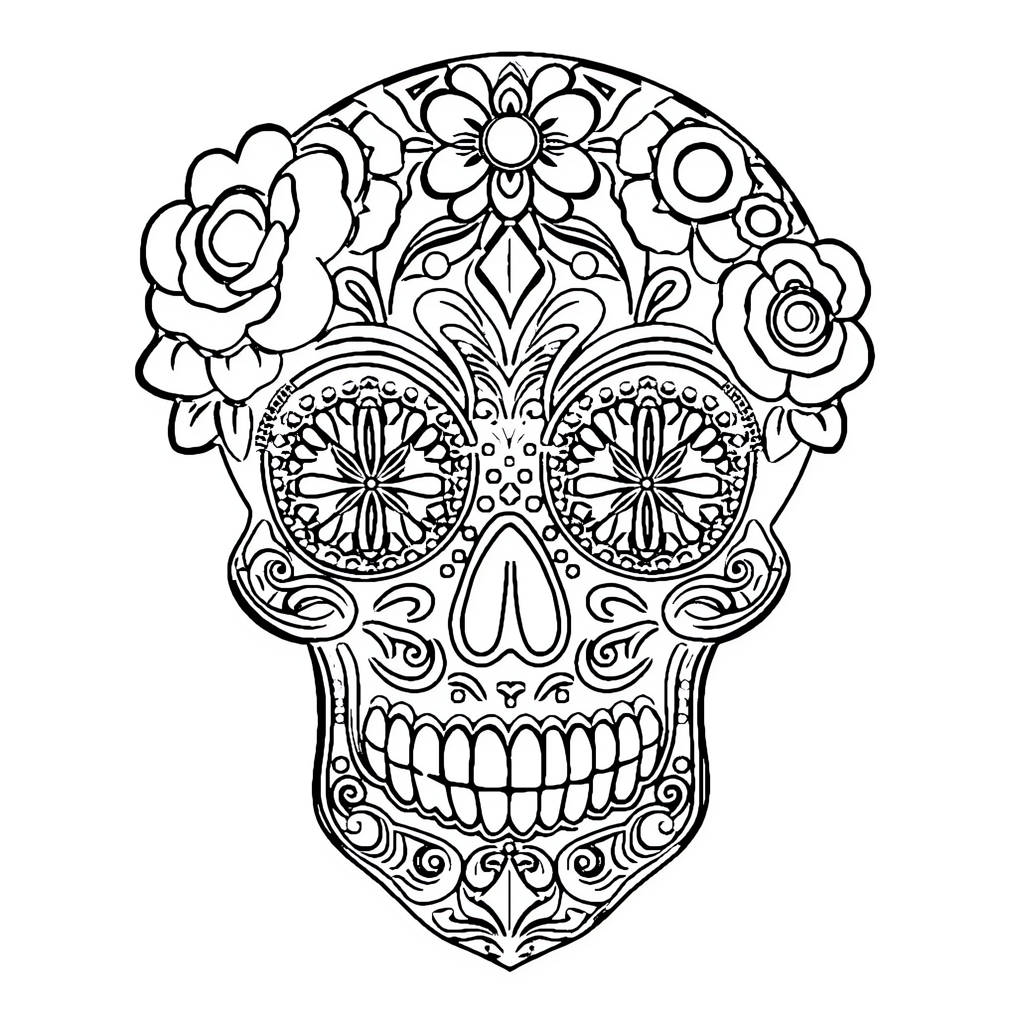 Sugar Skull with Ornate Floral Design Coloring Page (free black-and-white line drawing printable PDF for all, from beginners to advanced learners, including children, teens, adults, and seniors)