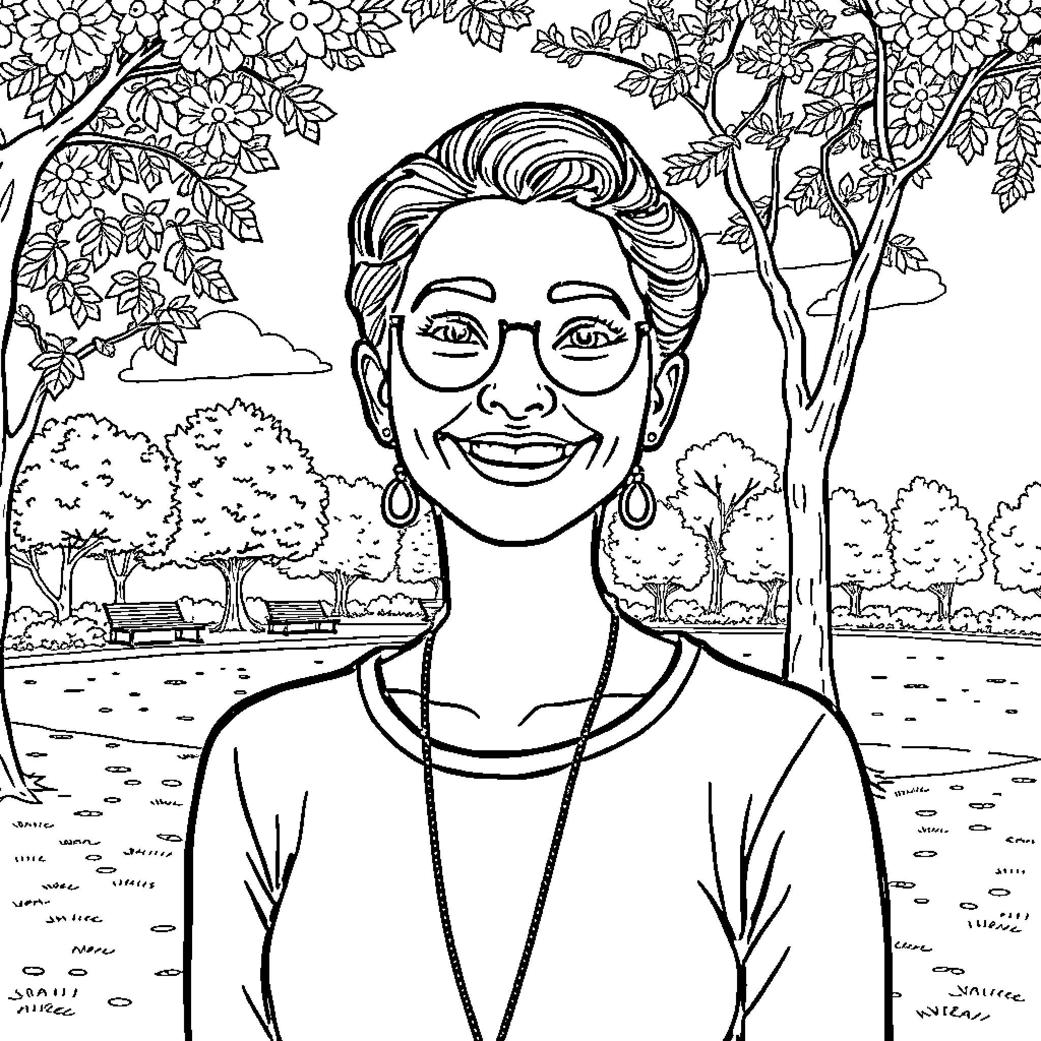 Hüseyn's Smile in the Peaceful Park Coloring Page (free black-and-white line drawing printable PDF for all, from beginners to advanced learners, including children, teens, adults, and seniors)