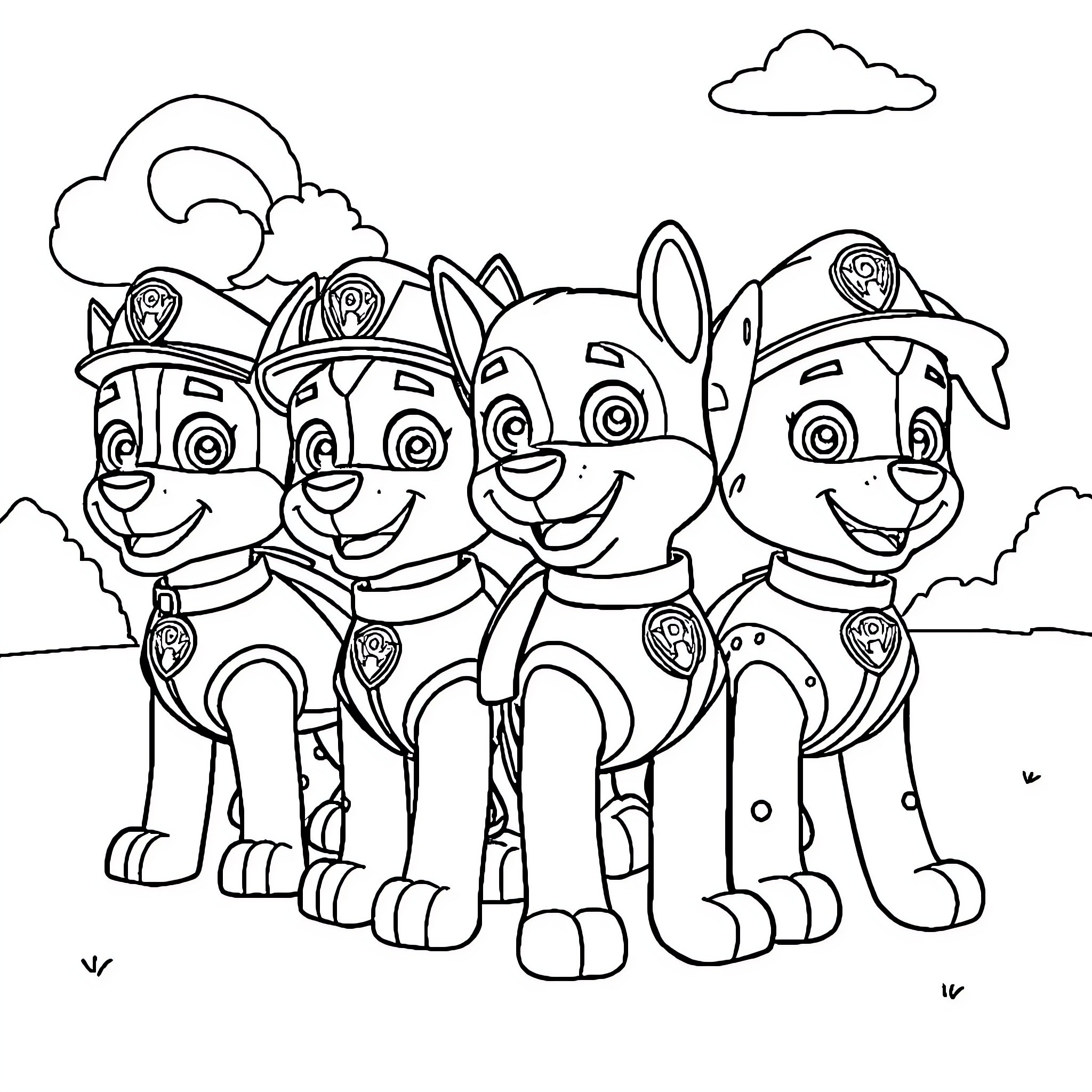 Paw Patrol team in uniform ready for action Coloring Page (free black-and-white line drawing printable PDF for all, from beginners to advanced learners, including children, teens, adults, and seniors)