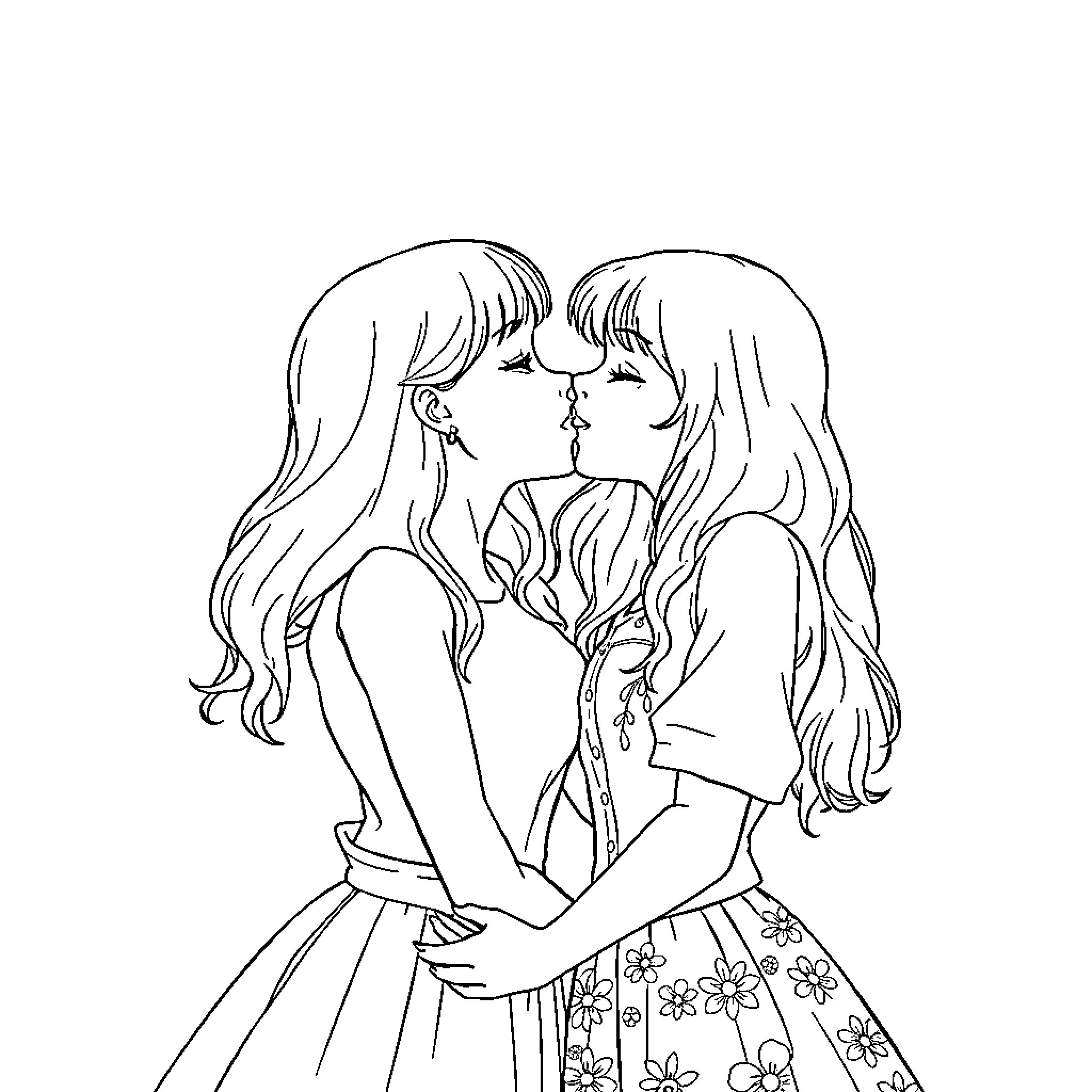 Girl friends embracing in affectionate pose Coloring Page (free black-and-white line drawing printable PDF for all, from beginners to advanced learners, including children, teens, adults, and seniors)