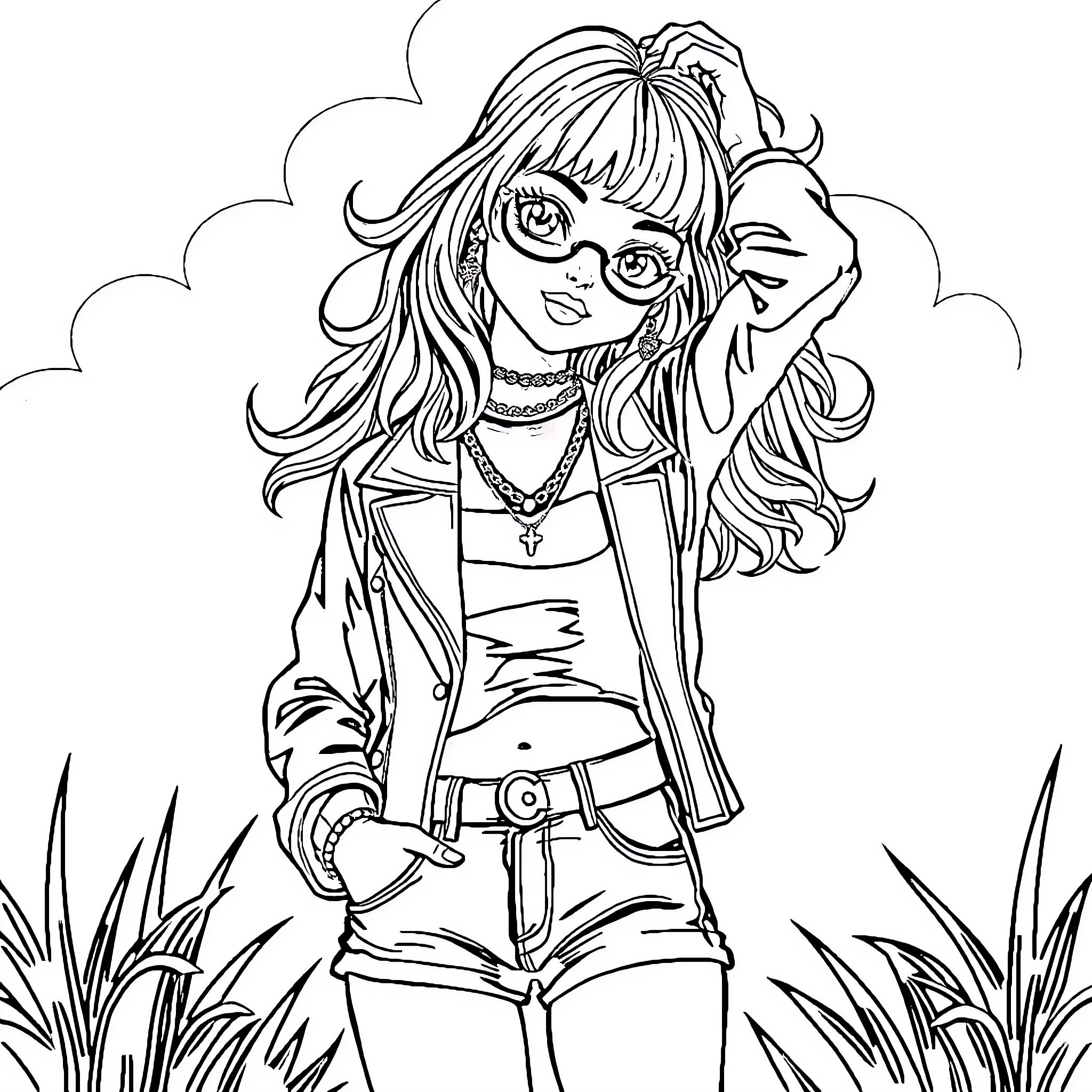 E Girl Posing Confidently in Casual Outfit Coloring Page (free black-and-white line drawing printable PDF for all, from beginners to advanced learners, including children, teens, adults, and seniors)