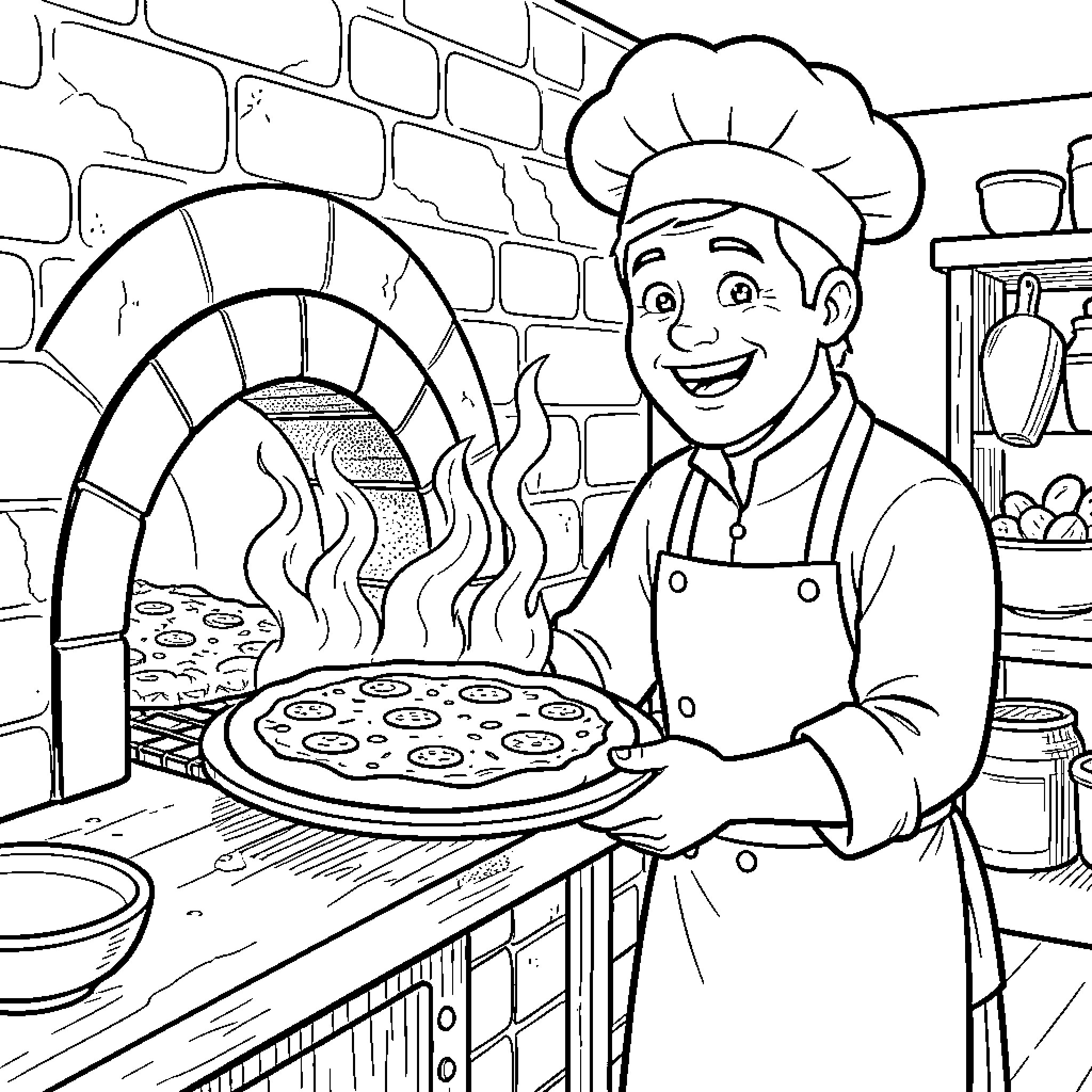 Pizzaiolo Proudly Serving Fresh Pizza from the Oven Coloring Page (free black-and-white line drawing printable PDF for all, from beginners to advanced learners, including children, teens, adults, and seniors)