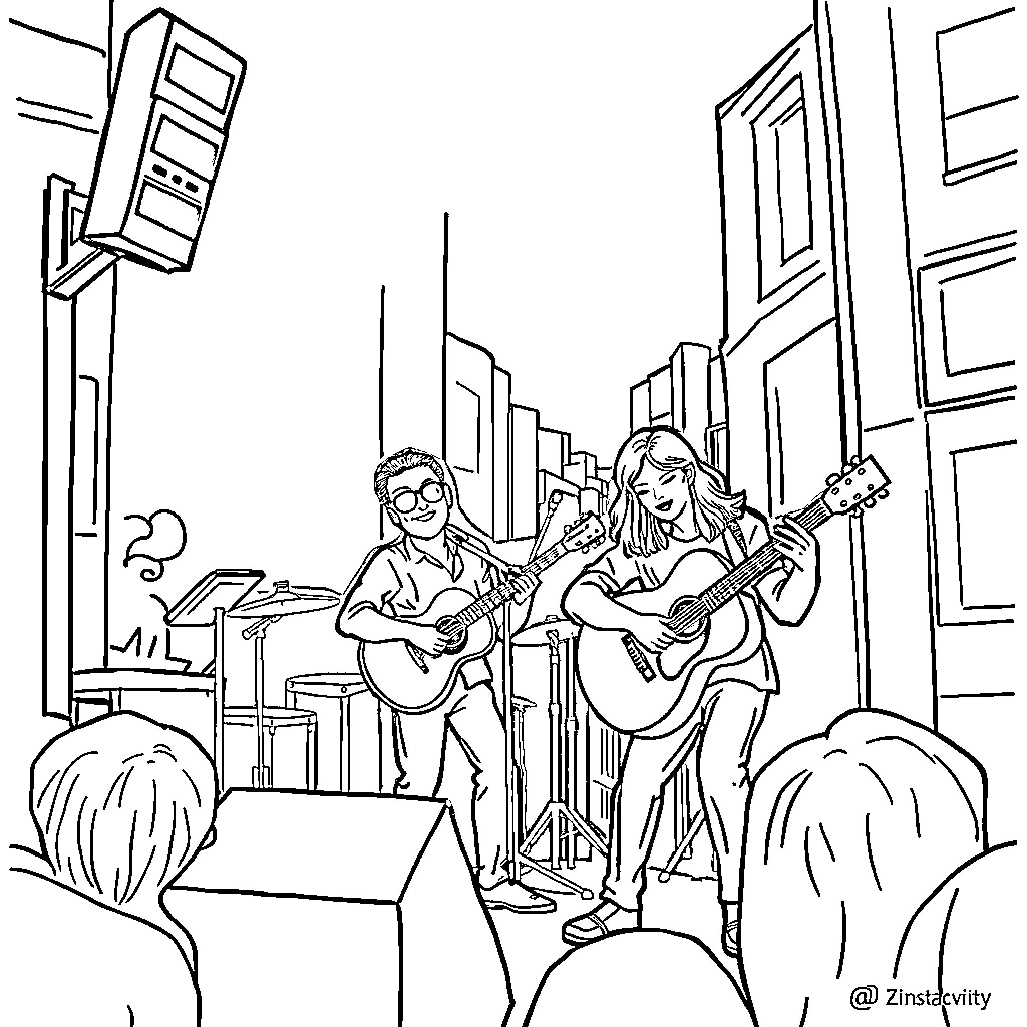 Zpop Musicians Performing on City Street Coloring Page (free black-and-white line drawing printable PDF for all, from beginners to advanced learners, including children, teens, adults, and seniors)