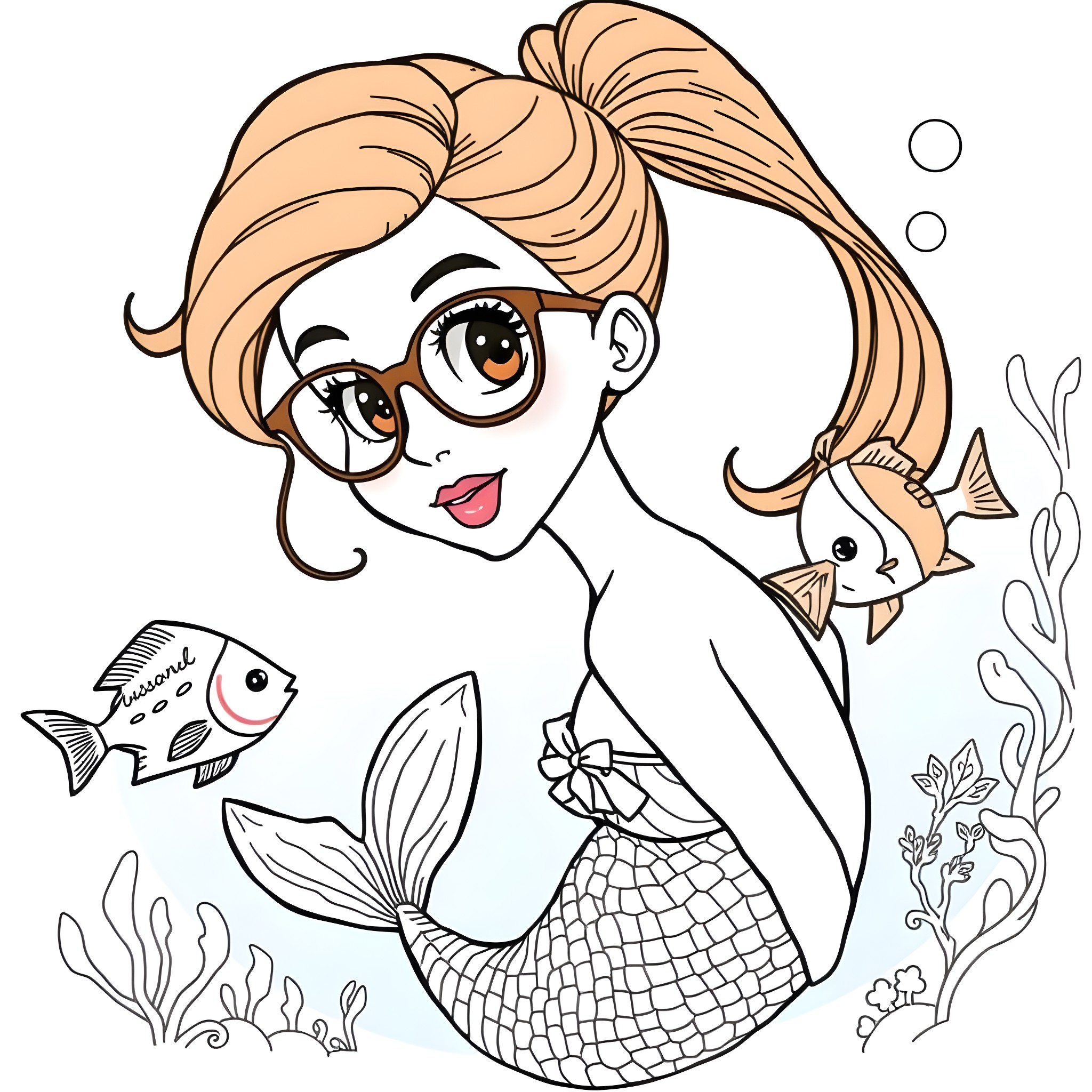 Mermaid swimming playfully with sea creatures Coloring Page (free black-and-white line drawing printable PDF for all, from beginners to advanced learners, including children, teens, adults, and seniors)