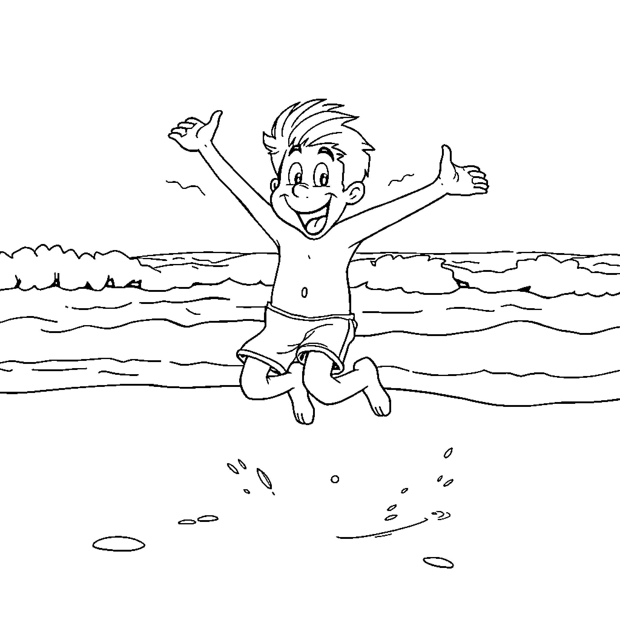Avelino's Joyful Leap at the Beach Coloring Page (free black-and-white line drawing printable PDF for all, from beginners to advanced learners, including children, teens, adults, and seniors)