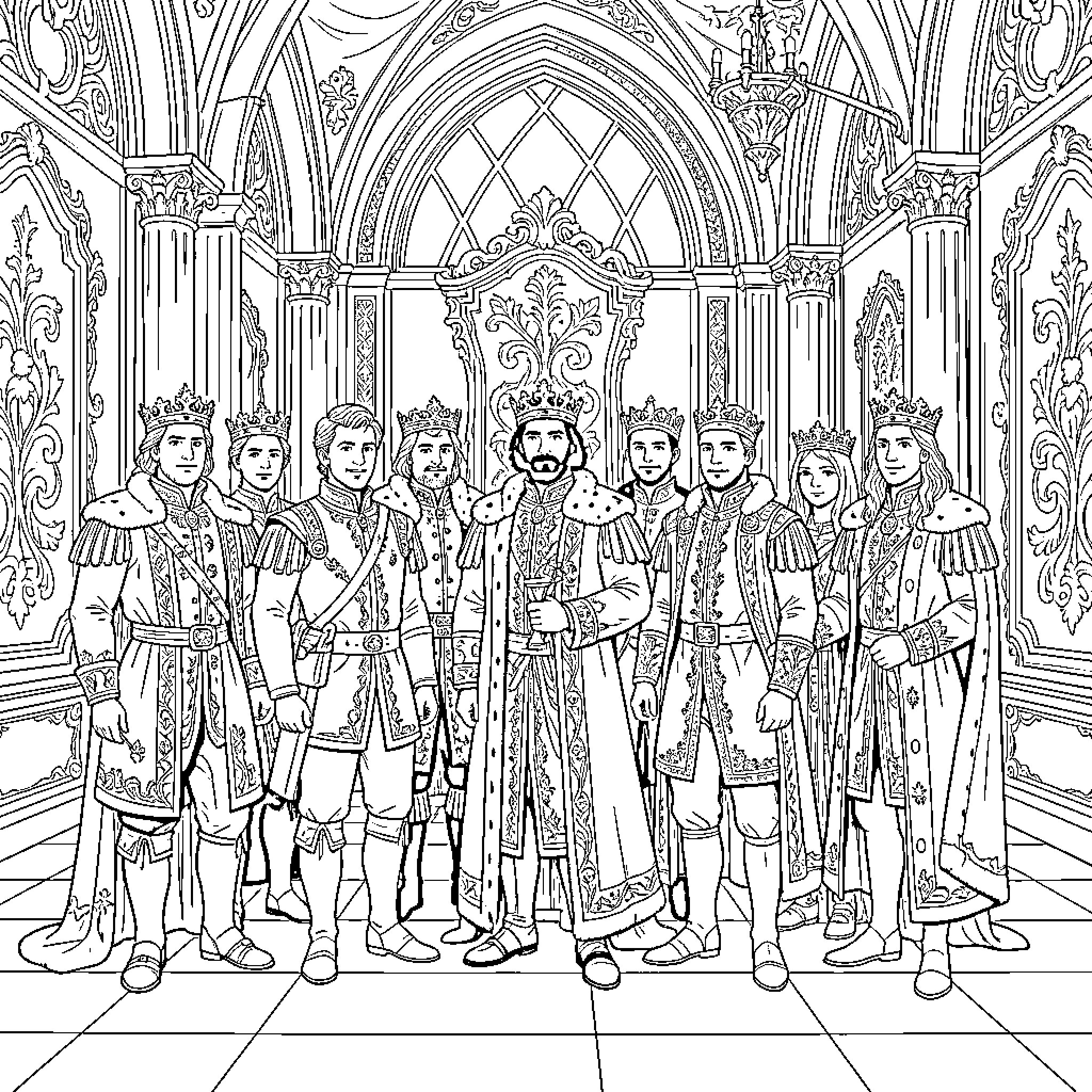 Prince and royal court standing in a grand palace Coloring Page (free black-and-white line drawing printable PDF for all, from beginners to advanced learners, including children, teens, adults, and seniors)