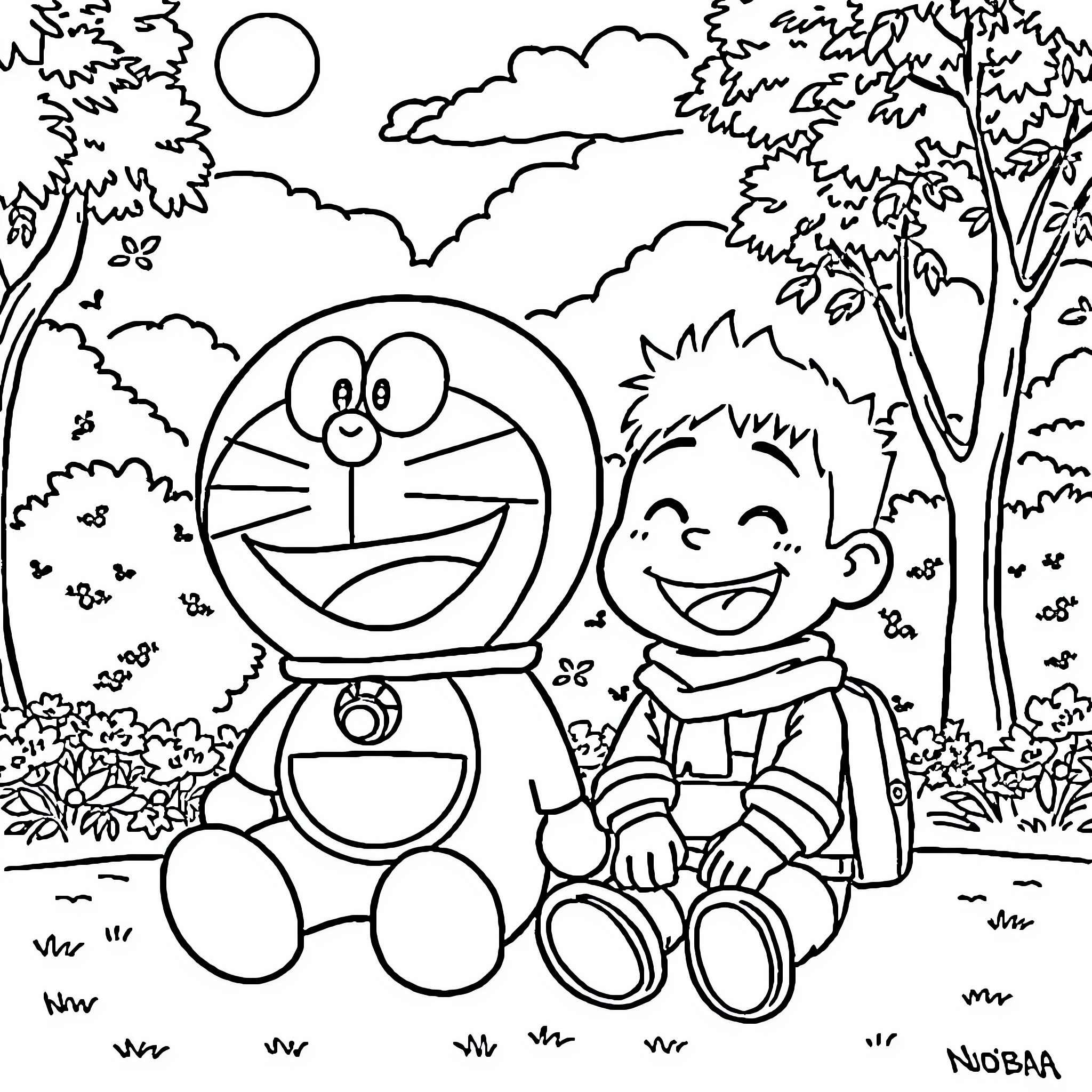 Doraemon and a Happy Boy in the Scenic Park Coloring Page (free black-and-white line drawing printable PDF for all, from beginners to advanced learners, including children, teens, adults, and seniors)