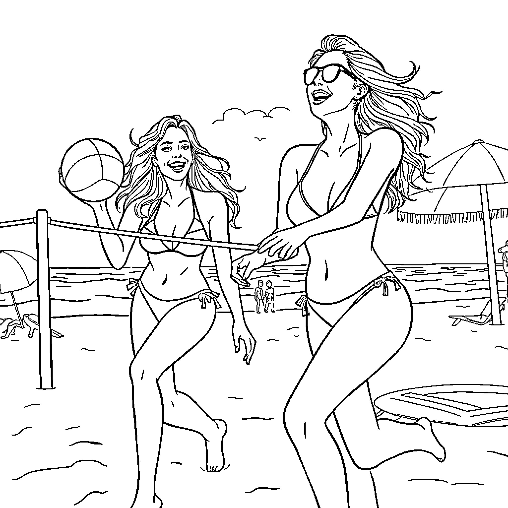 Women playing beach volleyball in summer Coloring Page (free black-and-white line drawing printable PDF for all, from beginners to advanced learners, including children, teens, adults, and seniors)