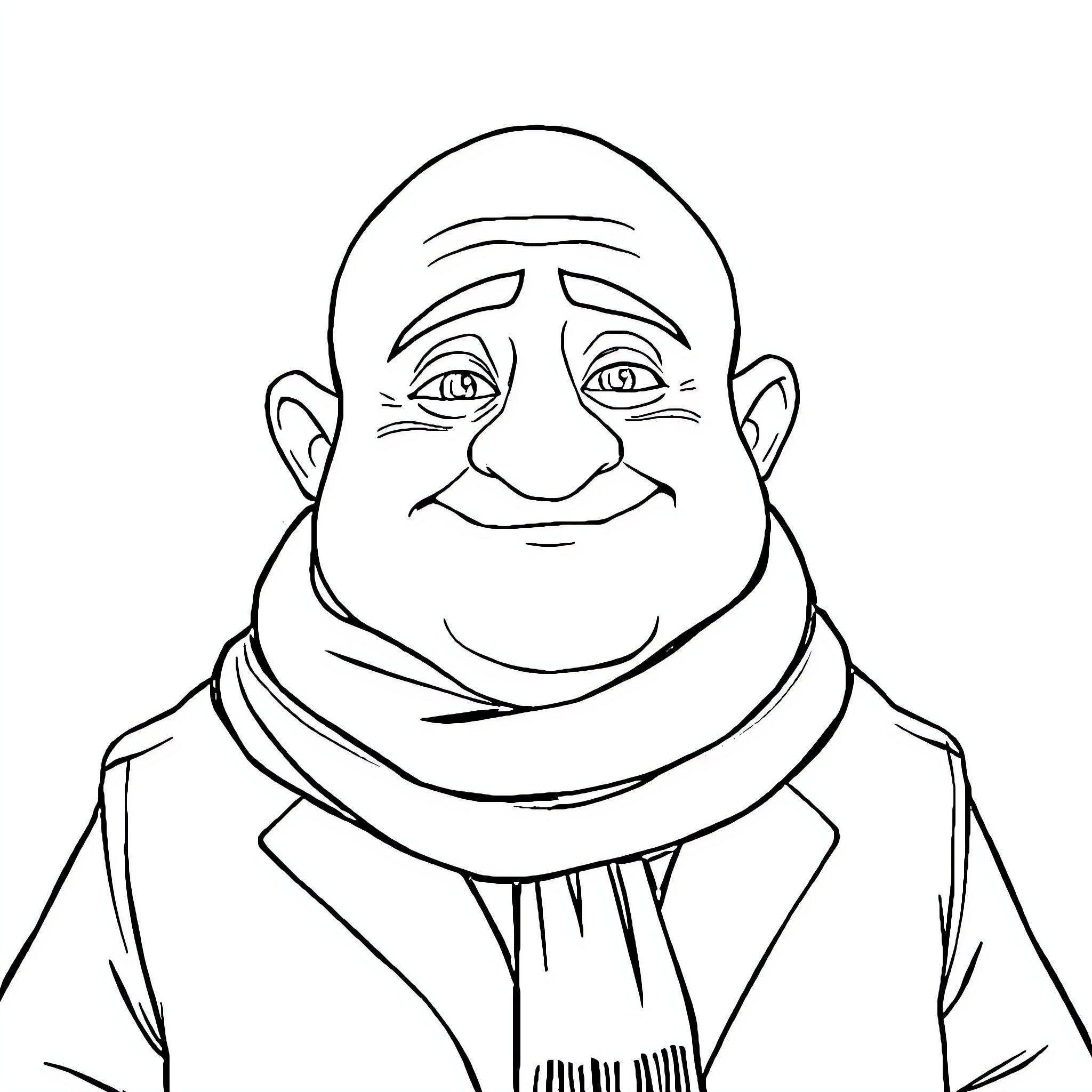 Gru's Cheerful Appearance in Winter Attire Coloring Page (free black-and-white line drawing printable PDF for all, from beginners to advanced learners, including children, teens, adults, and seniors)