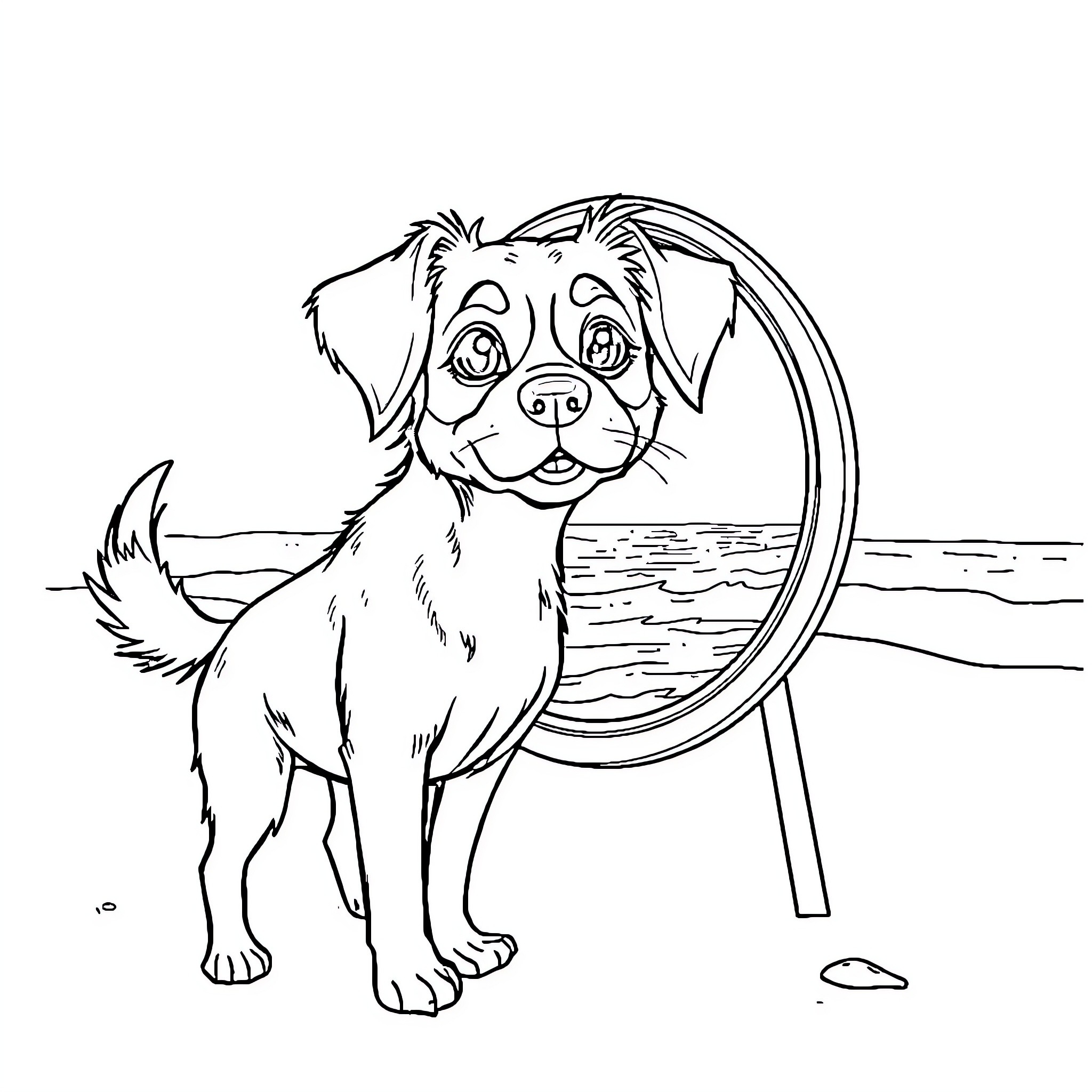 Dog playing with hoop near the beach Coloring Page (free black-and-white line drawing printable PDF for all, from beginners to advanced learners, including children, teens, adults, and seniors)