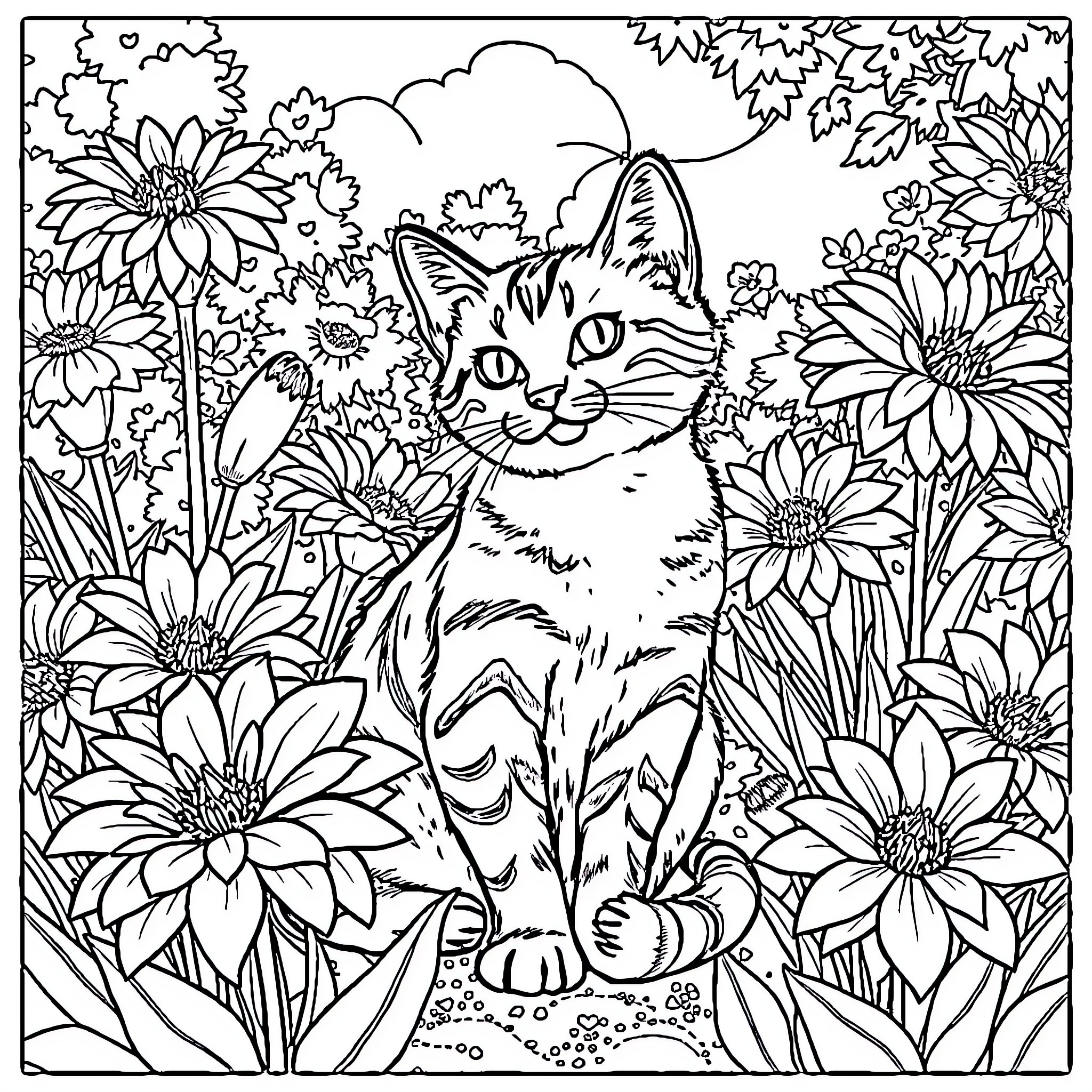 Cat Among Colorful Flowers Coloring Page (free black-and-white line drawing printable PDF for all, from beginners to advanced learners, including children, teens, adults, and seniors)