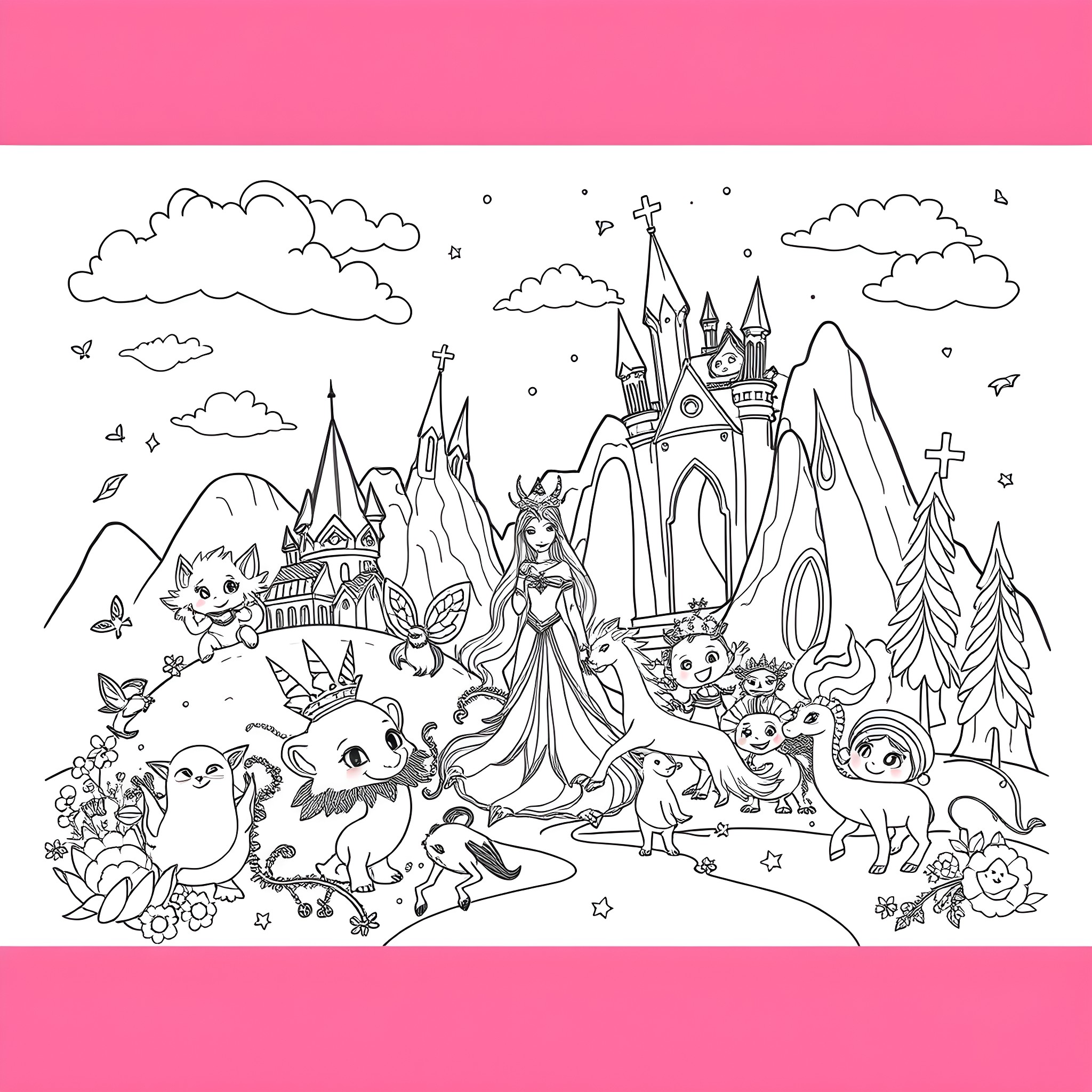 True fantasy scene with castle, creatures, and princess Coloring Page (free black-and-white line drawing printable PDF for all, from beginners to advanced learners, including children, teens, adults, and seniors)
