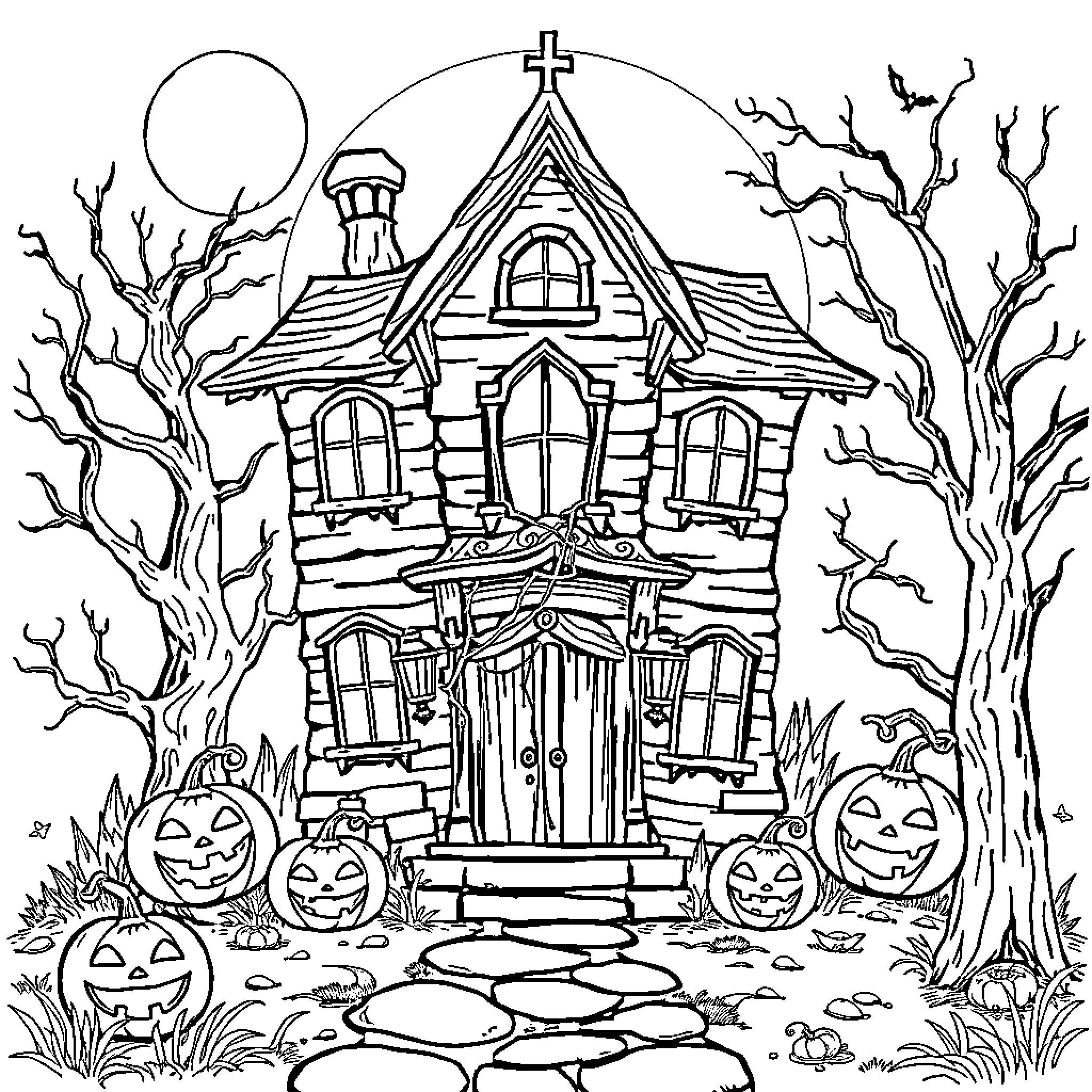 House with spooky Halloween decorations Coloring Page (free black-and-white line drawing printable PDF for all, from beginners to advanced learners, including children, teens, adults, and seniors)