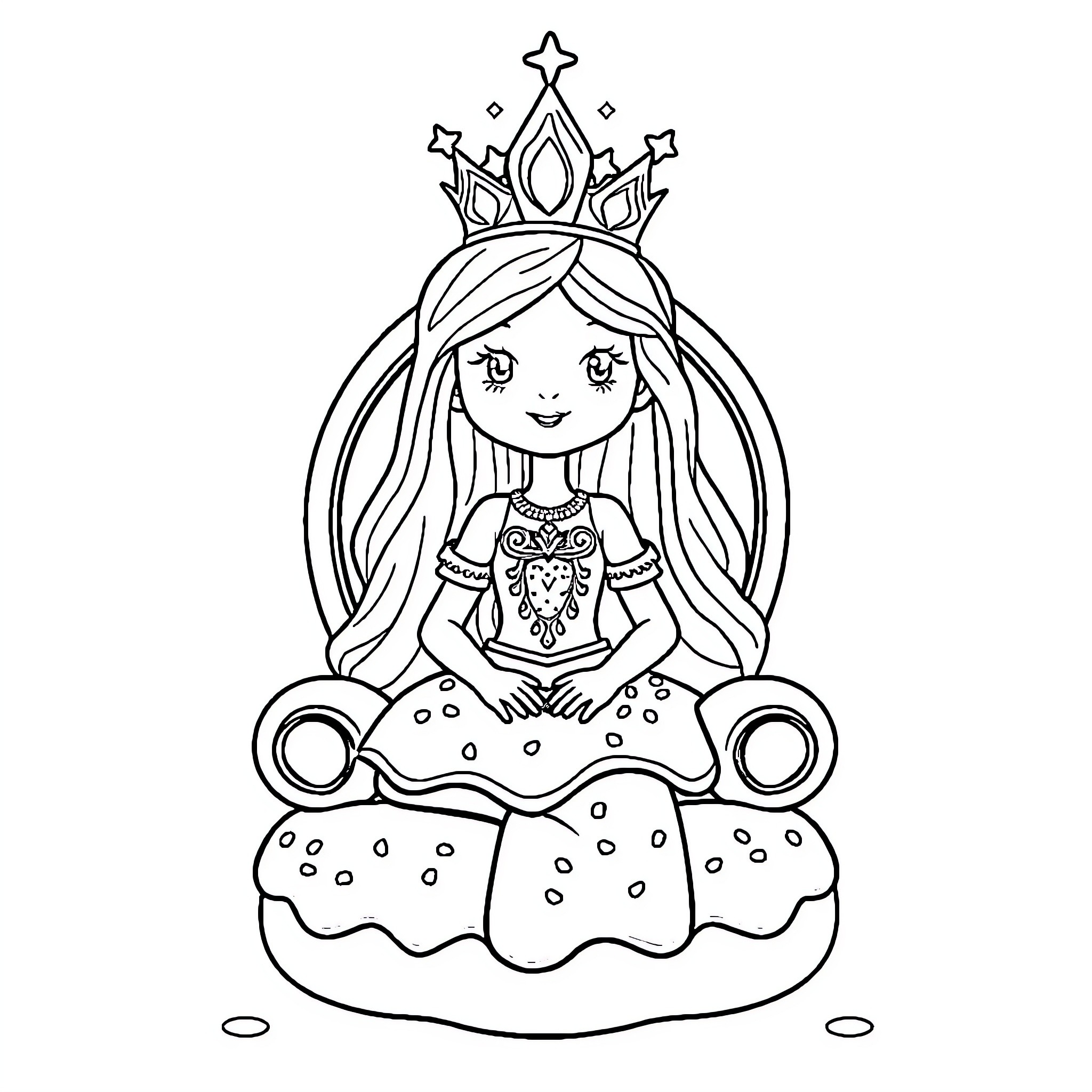 Princess in Ornate Dress and Crown Coloring Page (free black-and-white line drawing printable PDF for all, from beginners to advanced learners, including children, teens, adults, and seniors)