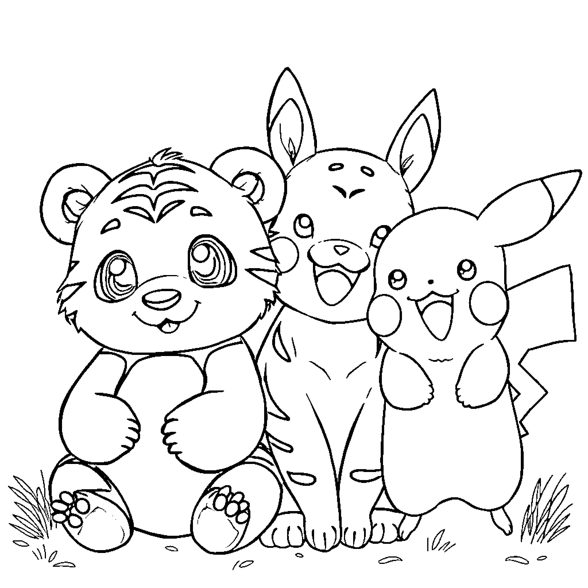 Panda, Bunny, and Pikachu Playing Together Coloring Page (free black-and-white line drawing printable PDF for all, from beginners to advanced learners, including children, teens, adults, and seniors)