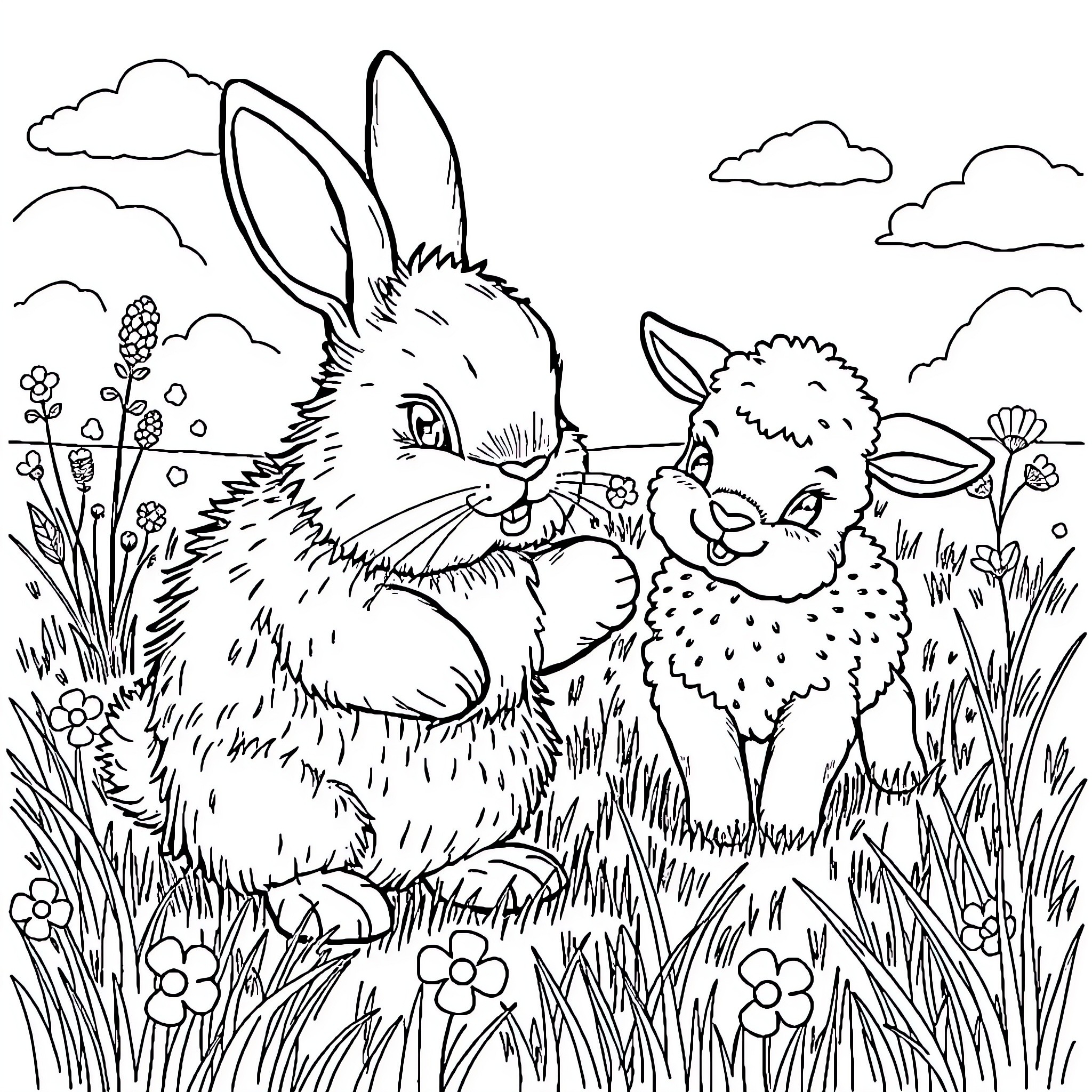 Rabbit and Lamb Playing in Meadow Coloring Page (free black-and-white line drawing printable PDF for all, from beginners to advanced learners, including children, teens, adults, and seniors)