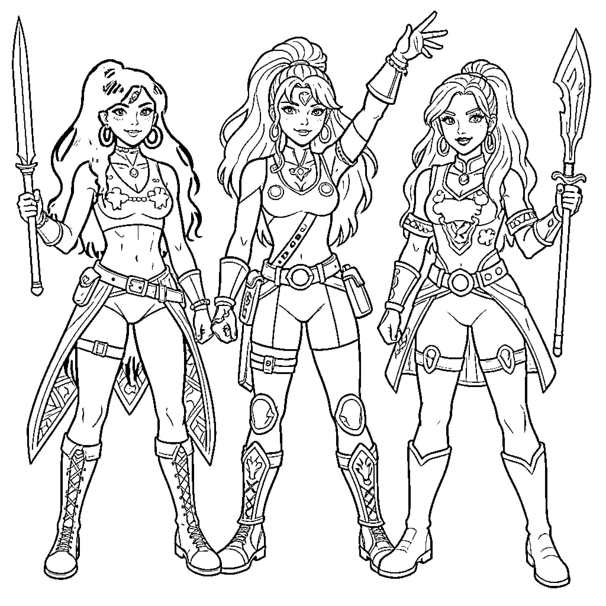 Guerrera Women Warriors in Action Poses Coloring Page (free black-and-white line drawing printable PDF for all, from beginners to advanced learners, including children, teens, adults, and seniors)
