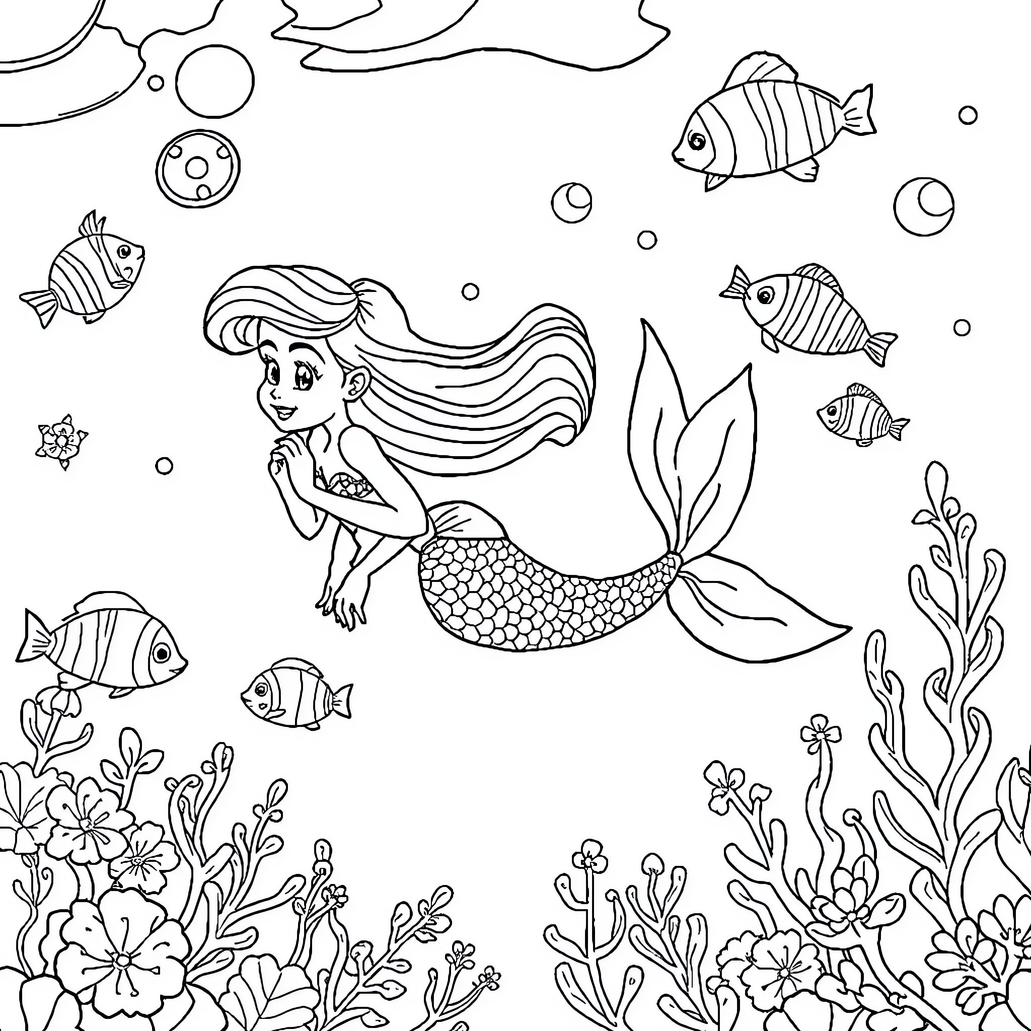 Ariel exploring the underwater world with marine life Coloring Page (free black-and-white line drawing printable PDF for all, from beginners to advanced learners, including children, teens, adults, and seniors)