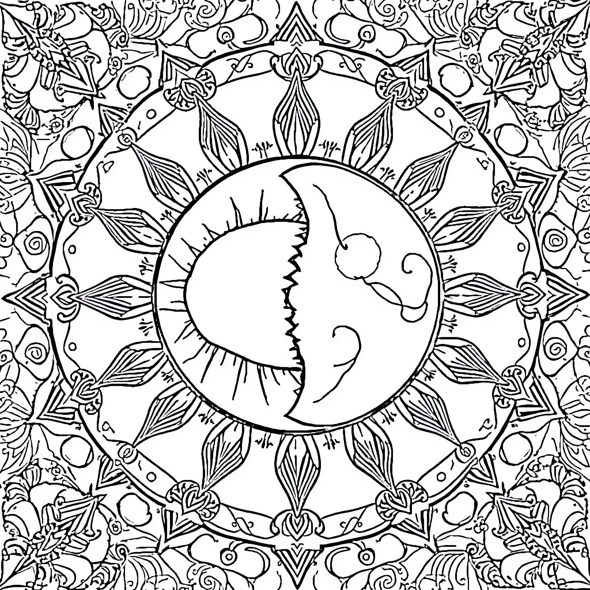 Sun and Moon in Harmony with Intricate Floral Patterns Coloring Page (free black-and-white line drawing printable PDF for all, from beginners to advanced learners, including children, teens, adults, and seniors)