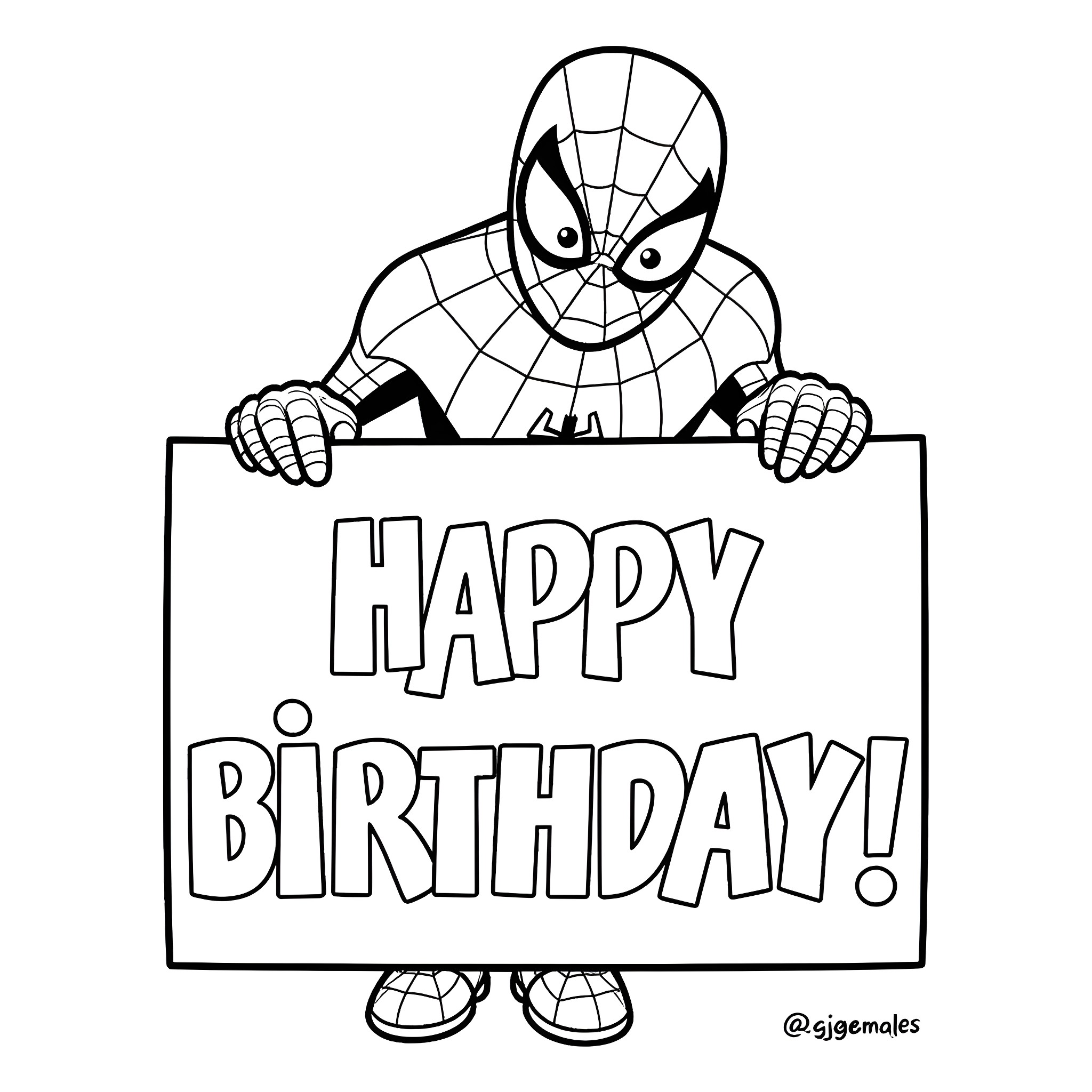 Spiderman celebrating a happy birthday Coloring Page (free black-and-white line drawing printable PDF for all, from beginners to advanced learners, including children, teens, adults, and seniors)