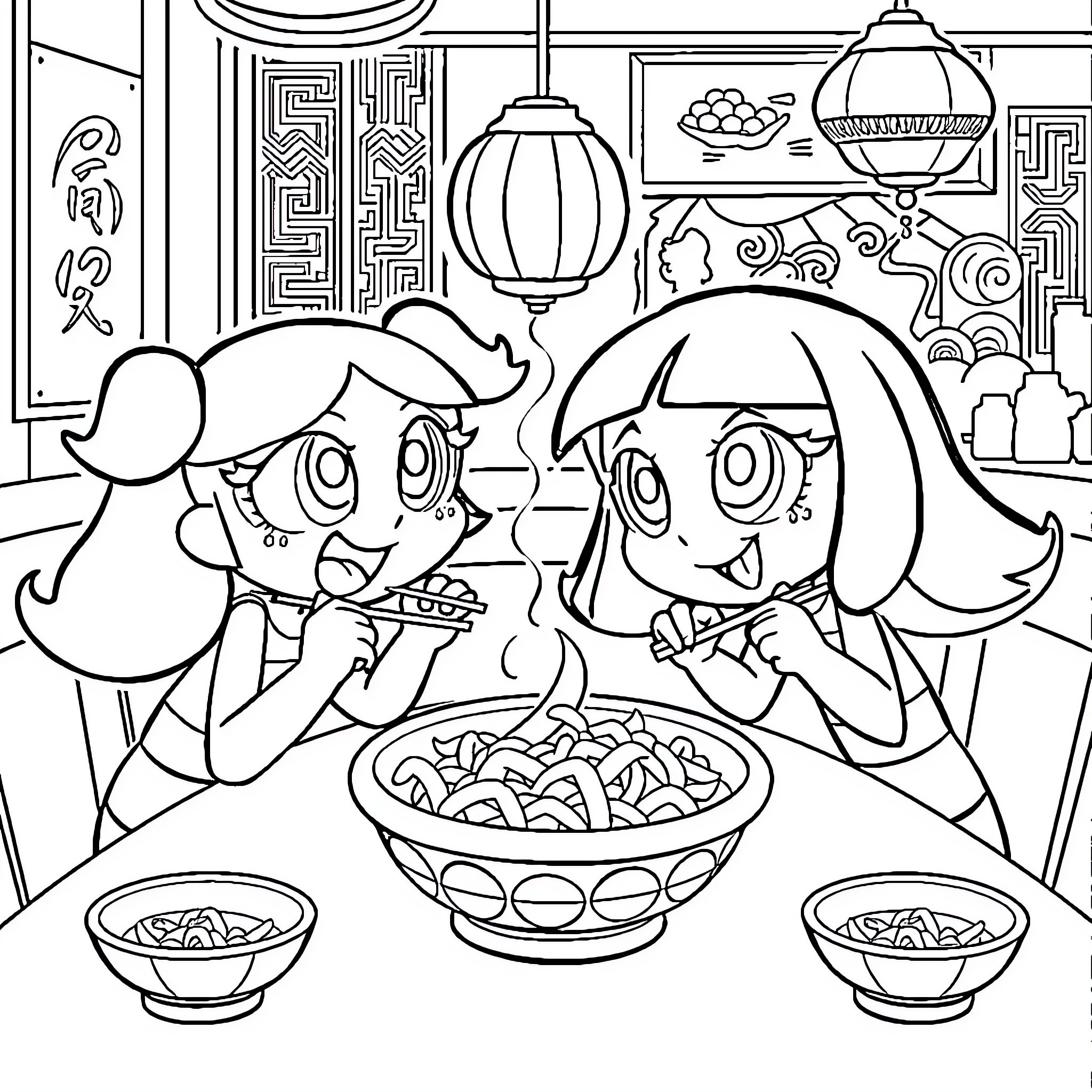 Powerpuff Girls Enjoying a Festive Meal Coloring Page (free black-and-white line drawing printable PDF for all, from beginners to advanced learners, including children, teens, adults, and seniors)
